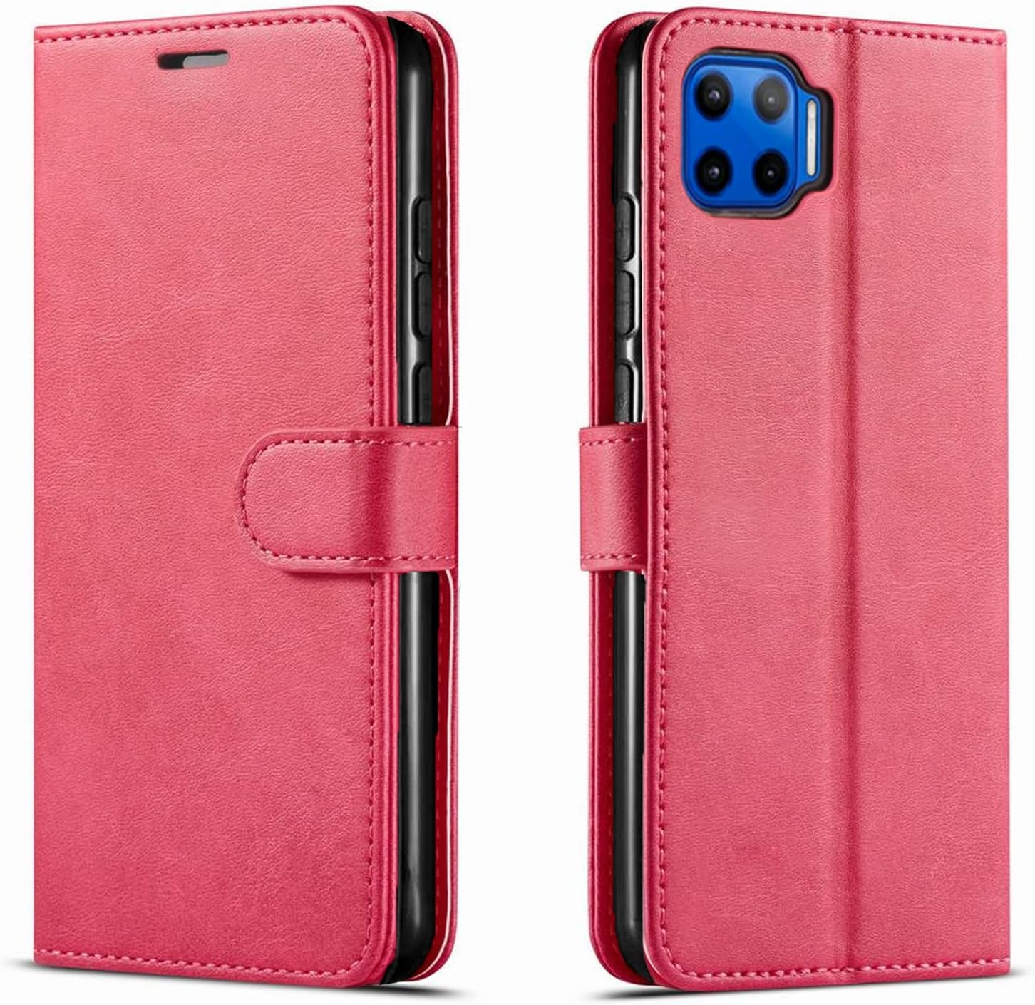 Motorola One 5G UW Case, Motorola One 5G Phone Case, with [Tempered Glass Screen Protector Included] STARSHOP PU Leather Wallet Shockproof Phone Case Kickstand W/Pocket Card Slots Magnet Closure-Pink