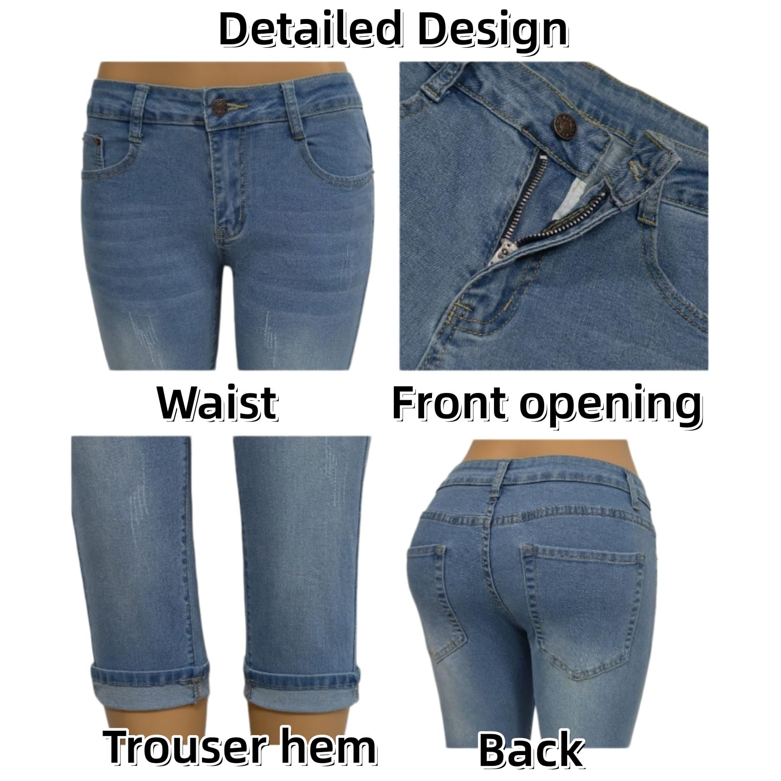 Jeans da Donna Slim-Fit Strappati con Risvolto | Jeans cropped elasticizzati a vita media con effetto vissuto, modello slim fit con baffature e risvolto sul fondo