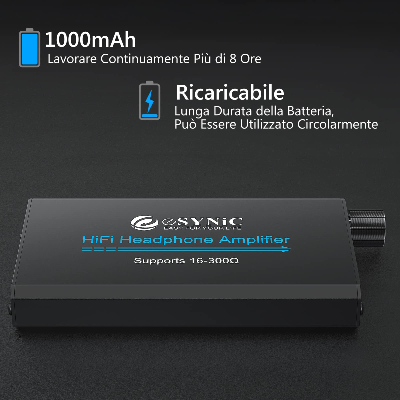 eSynic HiFi Amplificatore per Cuffie 16-300Ω Portatile per MP3 Lettori Smartphone Laptop con Cavo USB 1.2M