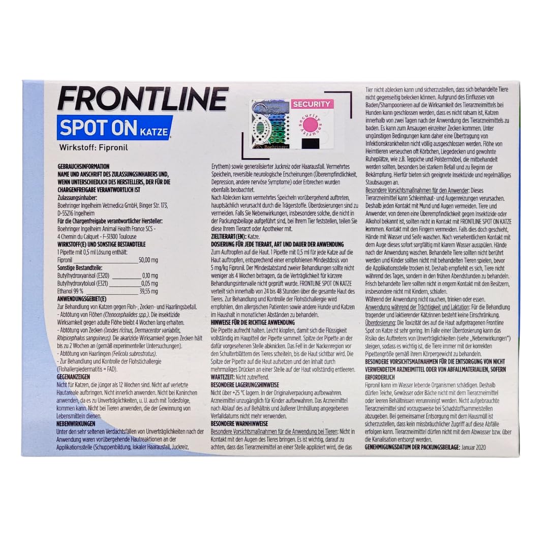 Frontline Spot on für Katzen - Schutz vor Parasiten wie Zecken, Flöhe, Haarlinge I einfach und verträglich I zuverlässig I im Sparset mit Pharma Perle give-Away (Frontline für Katzen 3 St.)