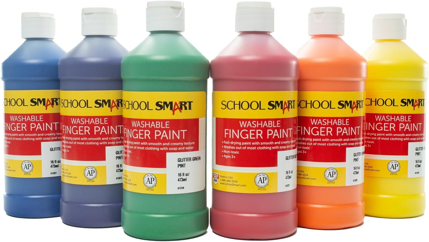 School Smart Washable Finger Paints, 16 Ounces Each, Assorted Glitter Colors, Set of 6