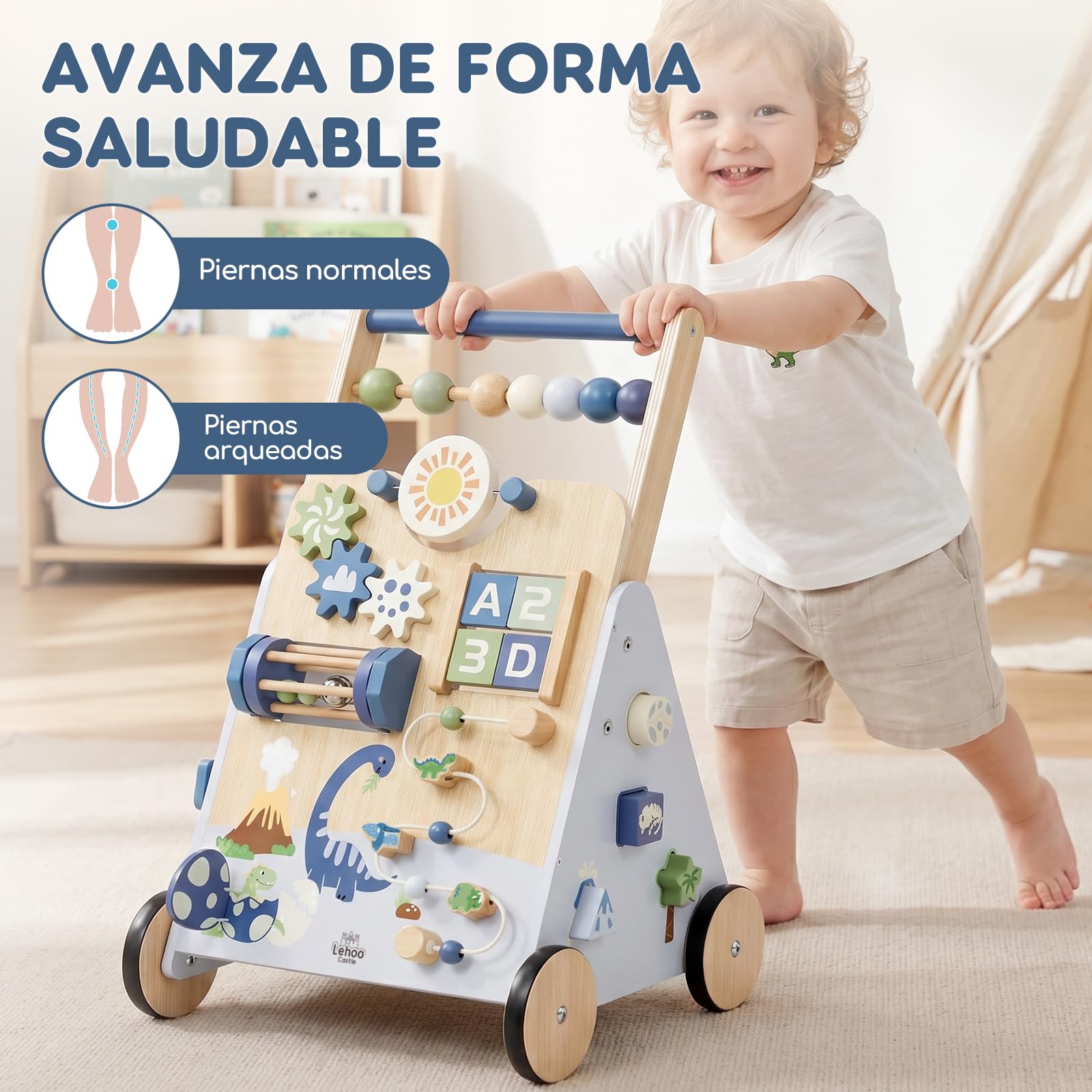 Lehoo Castle Andador Bebes de Madera, Caminador Bebé Dinosaurio | Freno Ajustable, Centro de Actividades 9 en 1, Montaje Fácil, Juego Educativo Montessori, Regalo Bebé Niño 1 Año