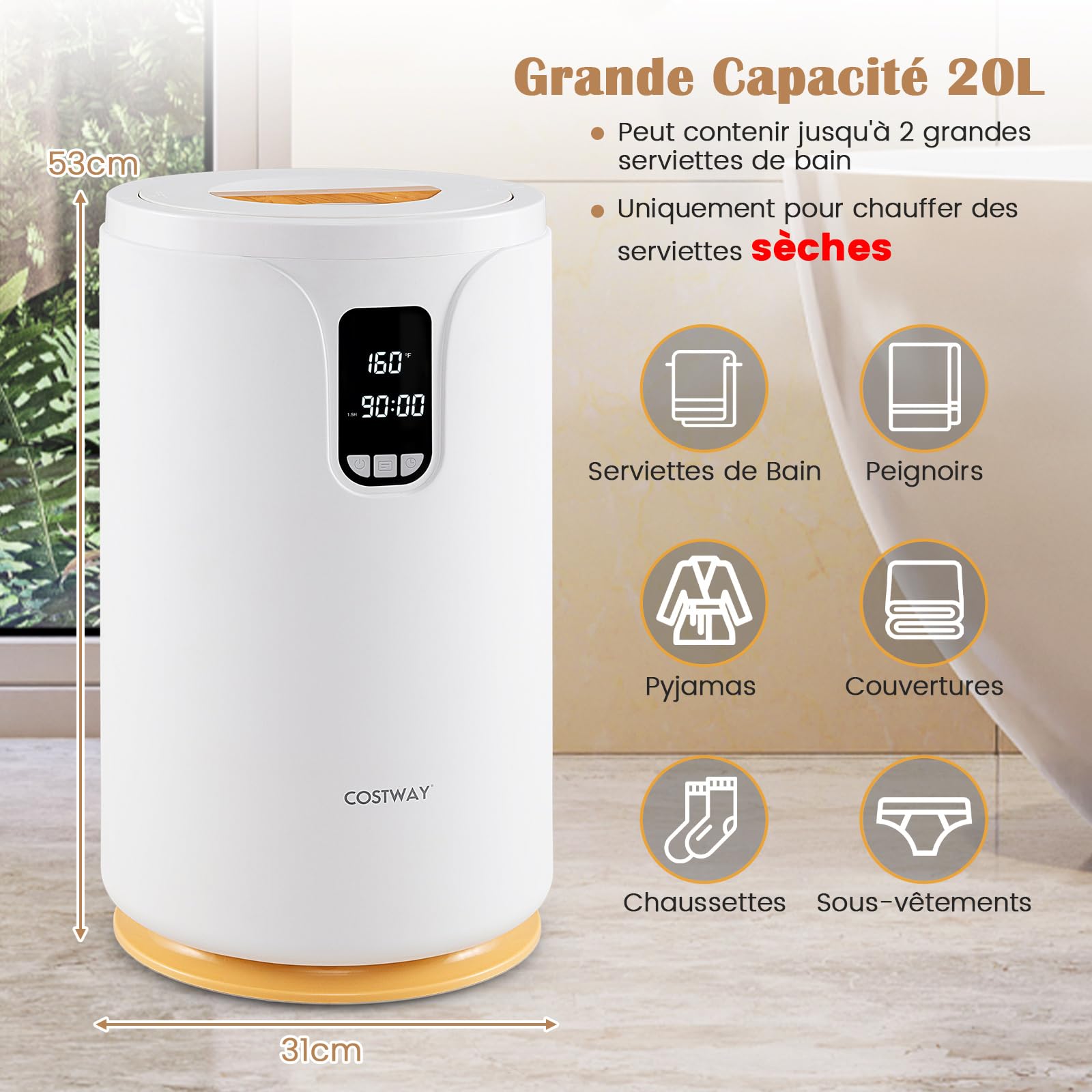 RELAX4LIFE Chauffe-Serviettes 20 L avec Chauffage Rapide et Lumière RVB