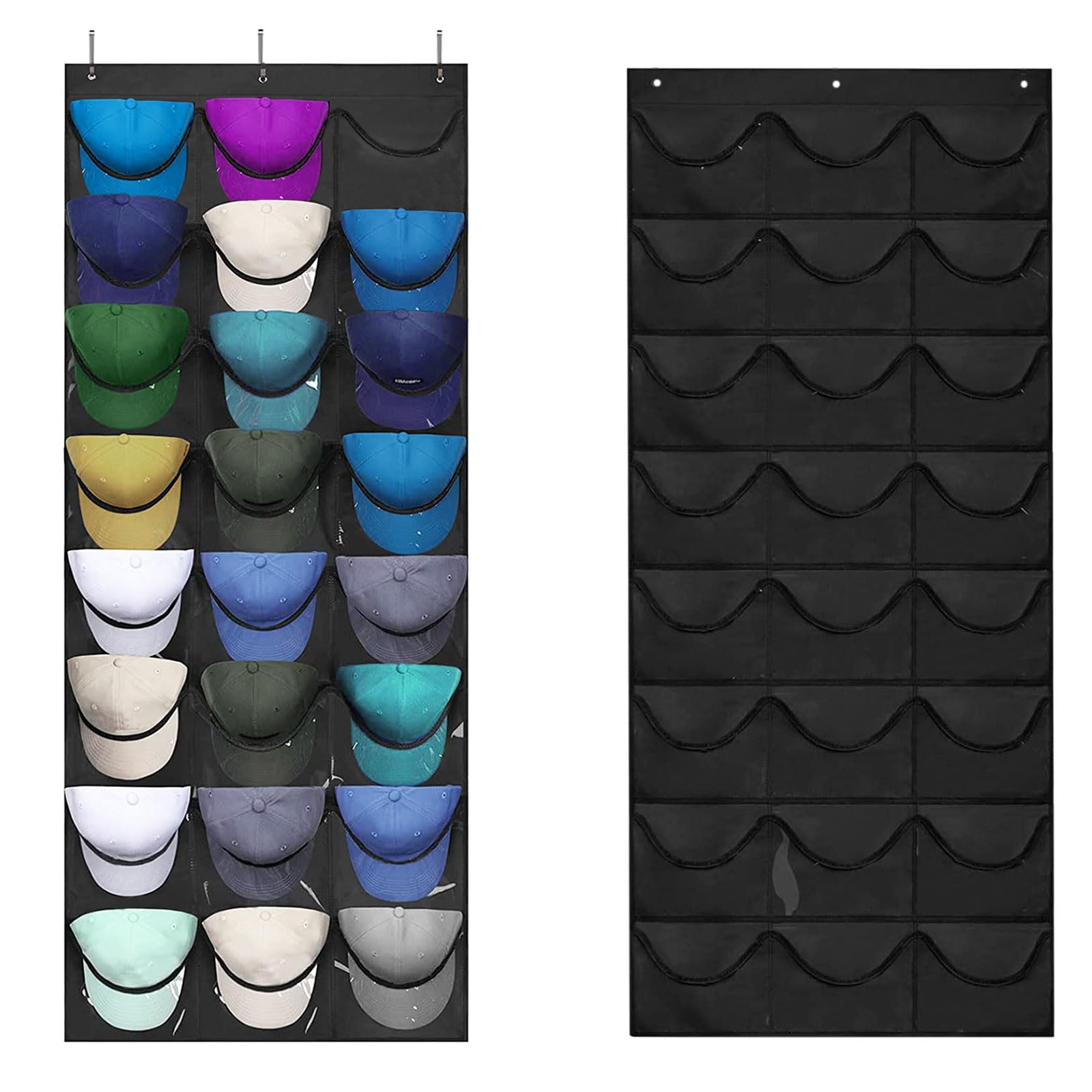 Yunyige Caps Over the Door Hat Storage,Baseball Cap Organiser with 24 Pockets for Baseball Storages and Display (Black)