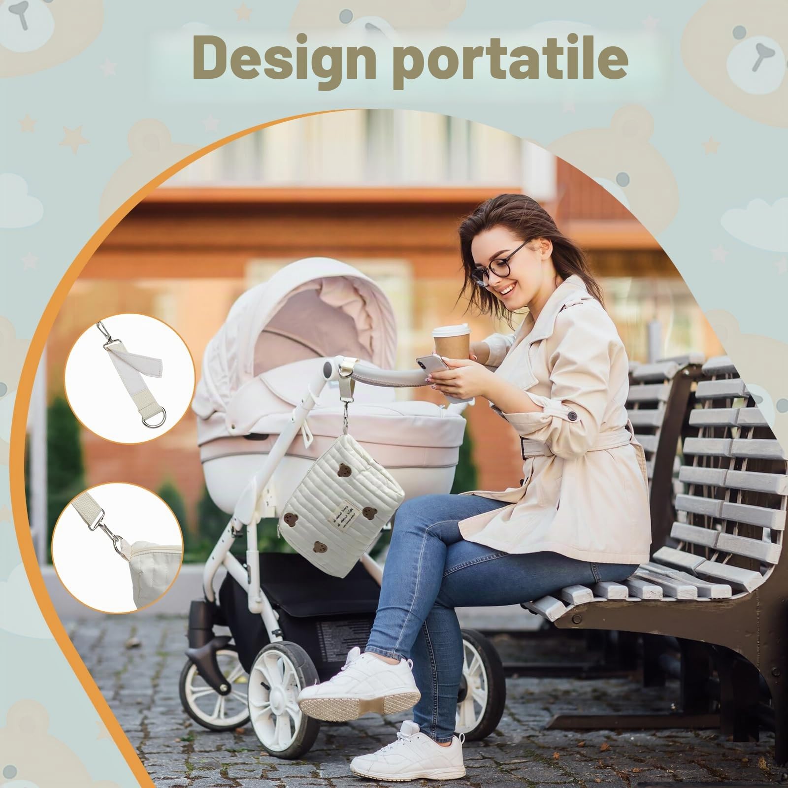 Mommy Bag Ricamate con Orsacchiotto, Borsa Porta Pannolini Portatile con Fiocco e Gancio per Passeggino