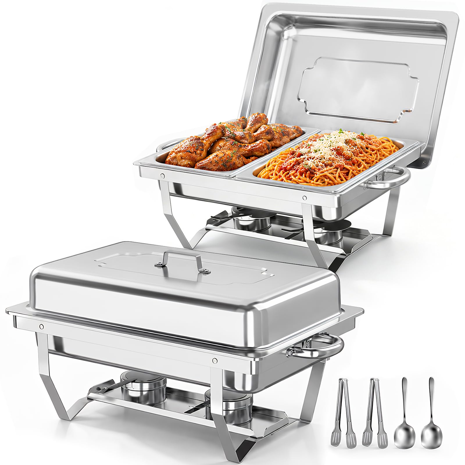 Chafing Dish Buffet Set 9L, 2pcs Edelstahl Warmhaltebehälter mit Deckel Lebensmittelpfannen und Brennstoffhaltern, Speisenwärmer für Catering, Buffet und Party Speisenwärmer