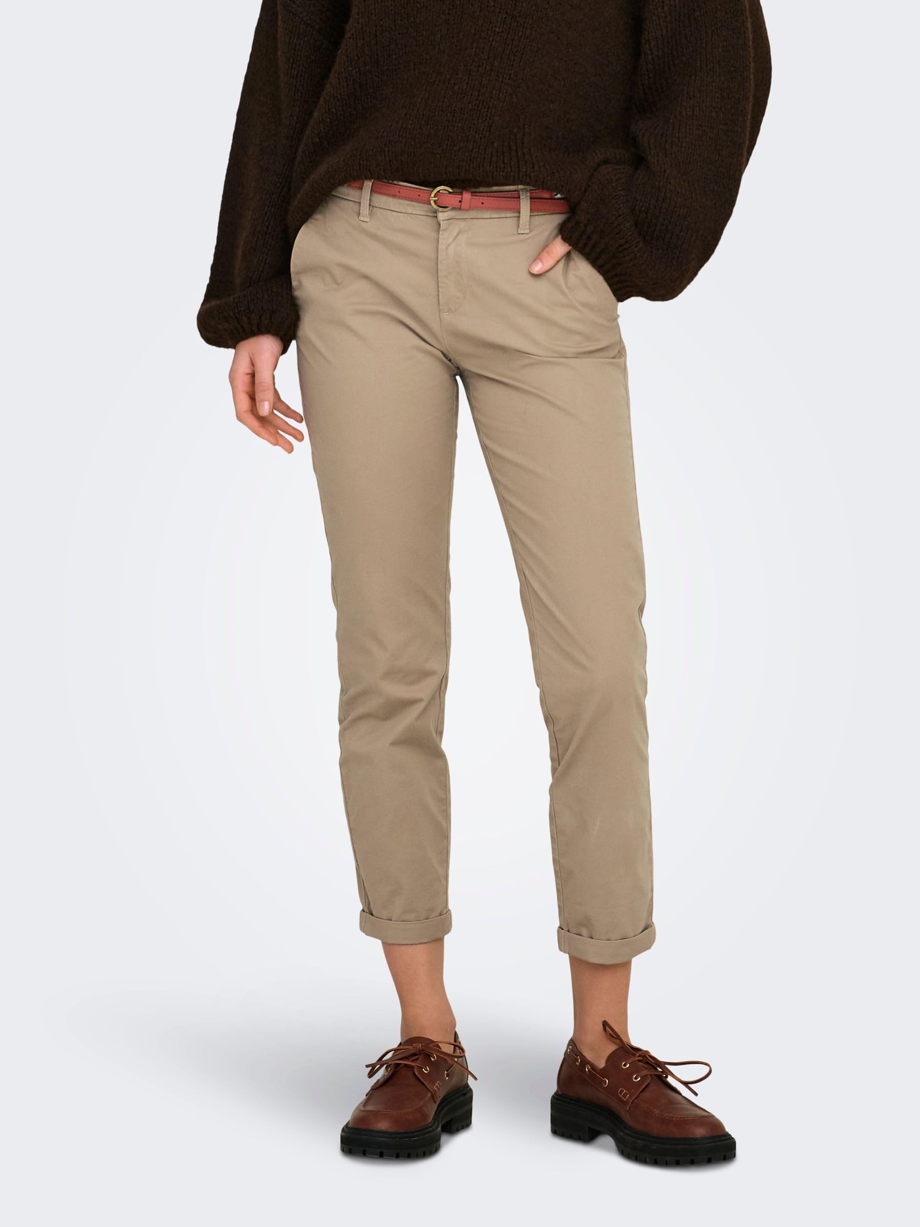 ONLY Onlbiana MW Cotton Belt Chino PNT Noos - Pantalon Chino en Coton avec Ceinture - Smart Casual - Femme
