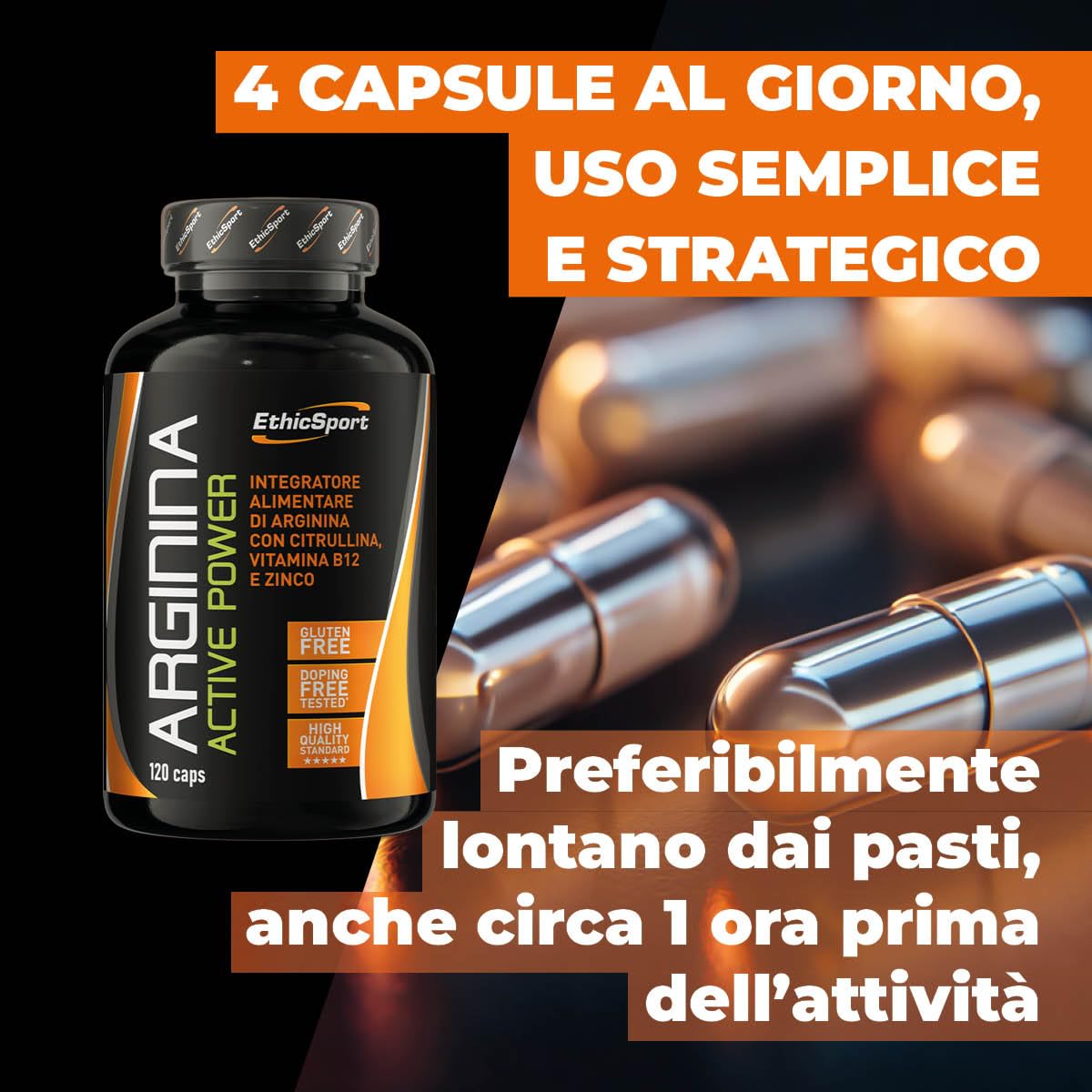 Arginina Active Power EthicSport – L-Arginina 3000mg con Citrullina, Zinco e Vitamina B12 – Integratore per sport di forza, potenza e attività intense – 120 capsule