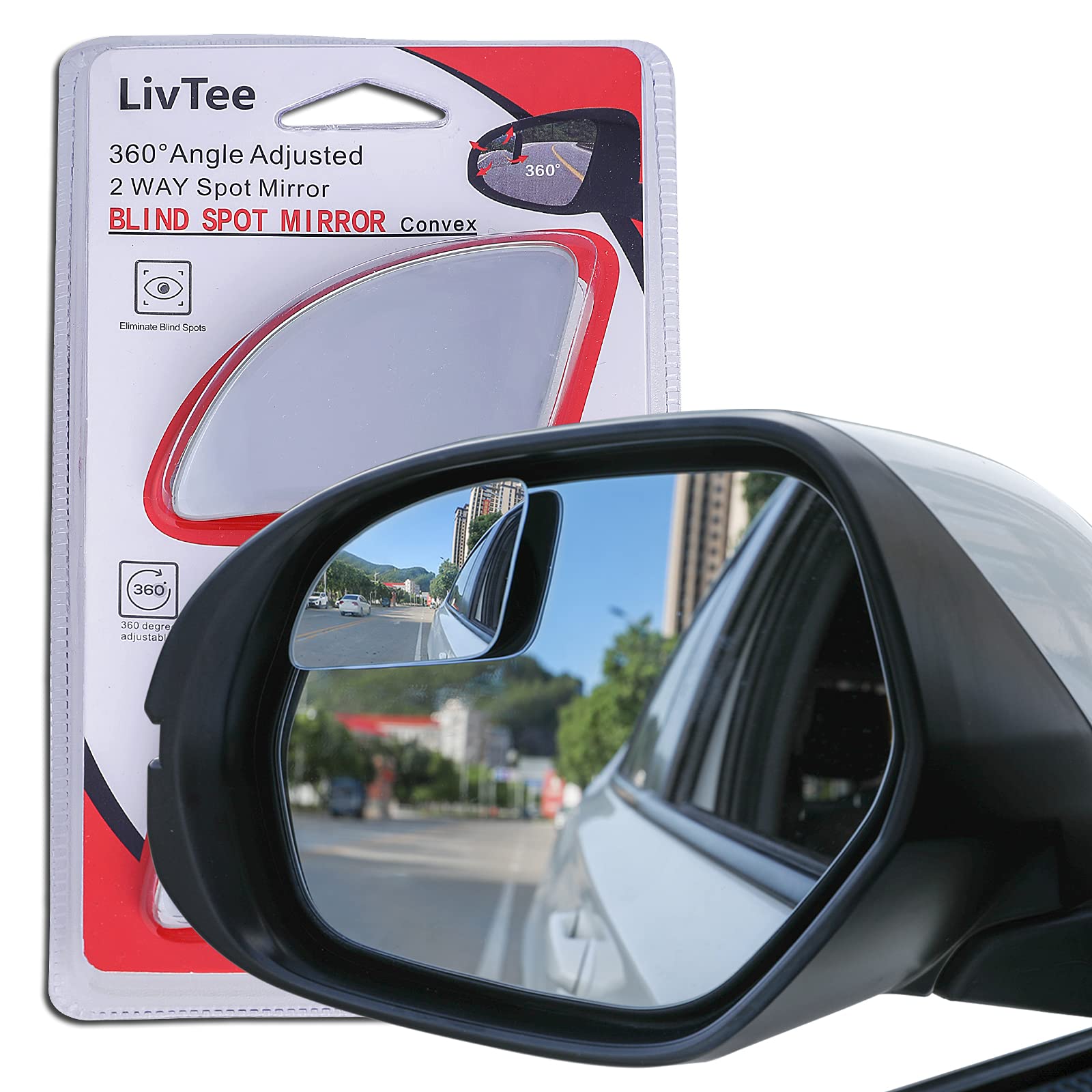 LivTeeLivTee Blind Spot Mirror,Asymmetric Fan Shaped HD Glass Frameless Convex Rear View Mirror with wide angle Adjustable Stick for Cars SUV and Trucks, Pack of 2