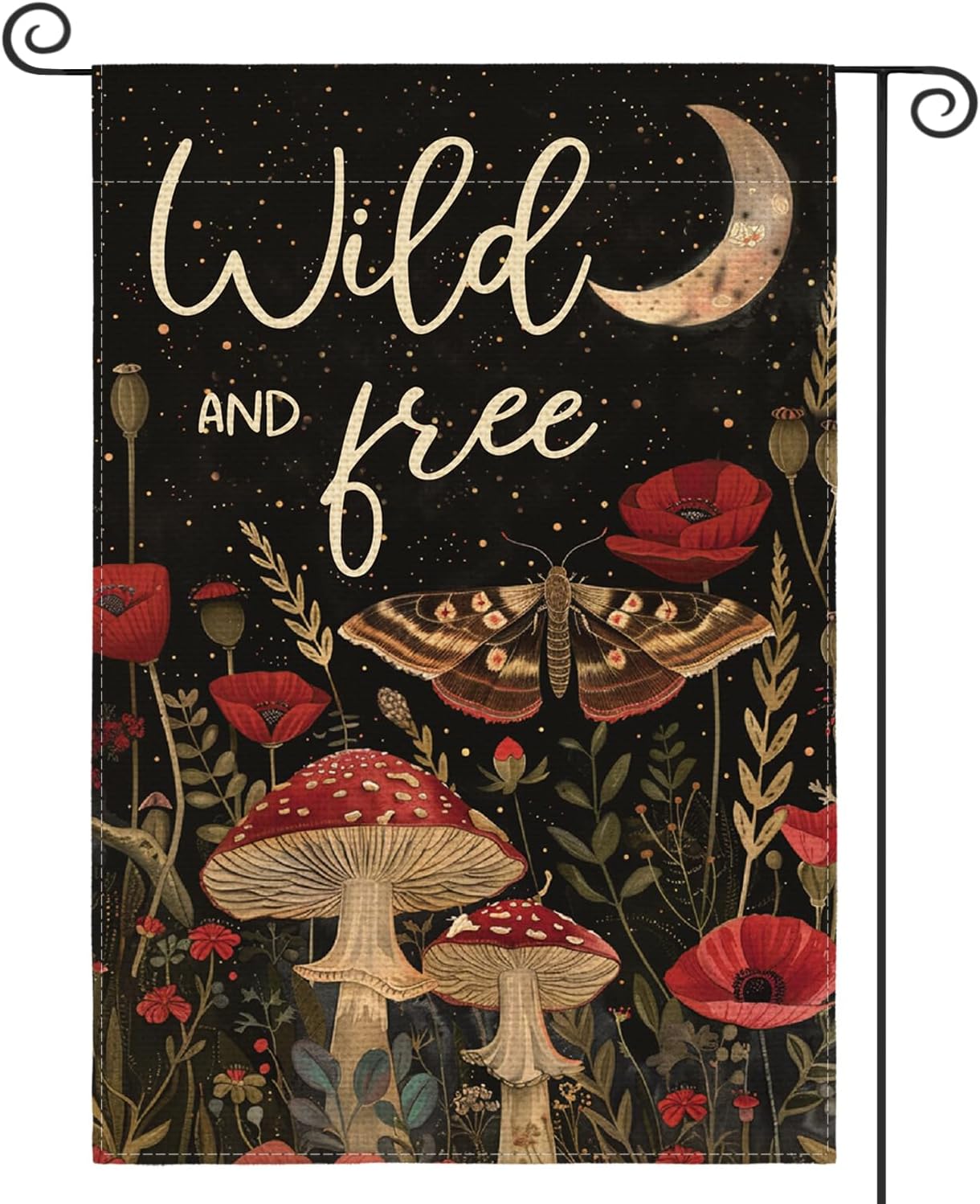 AVOIN colorlife Wild and Free Garden Flag 12x18 Inch Double Sided Outside, Mushroom Moon and Moth Yard Outdoor Flag