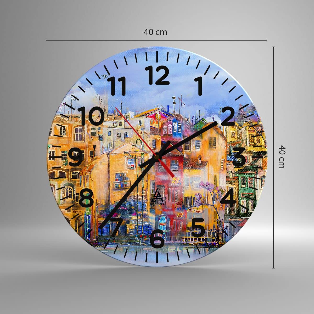 ARTTOR Zegar ścienny na szkle 40x40 cm Nowoczesny stary miasto kamienica dom Cichy zegar na ścianę Sypialnia Kuchnia Deko Dekoracja ścienna Salon Wall Clock Dekor Duży C4AR40x40-3419