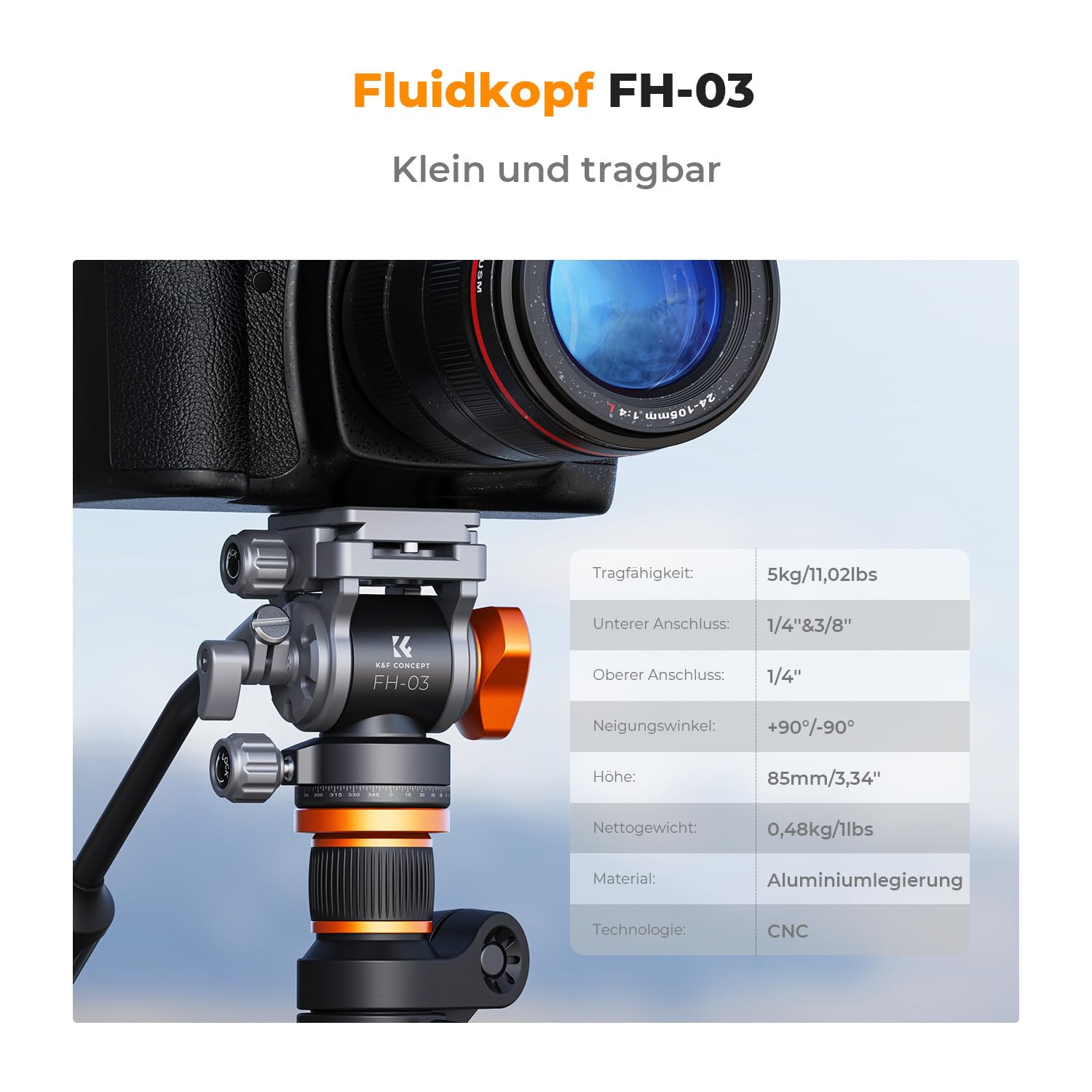 Stativkopf, K&F CONCEPT FH-03 Fluidkopf,Stativkopf für Stativ,Videokopf mit Arca-Swiss Schnellwechselplatte, Dämpfungskopf kompatibel mit DSLRs, spiegellose Kameras, Filmkameras, Belastung bis zu 5kg