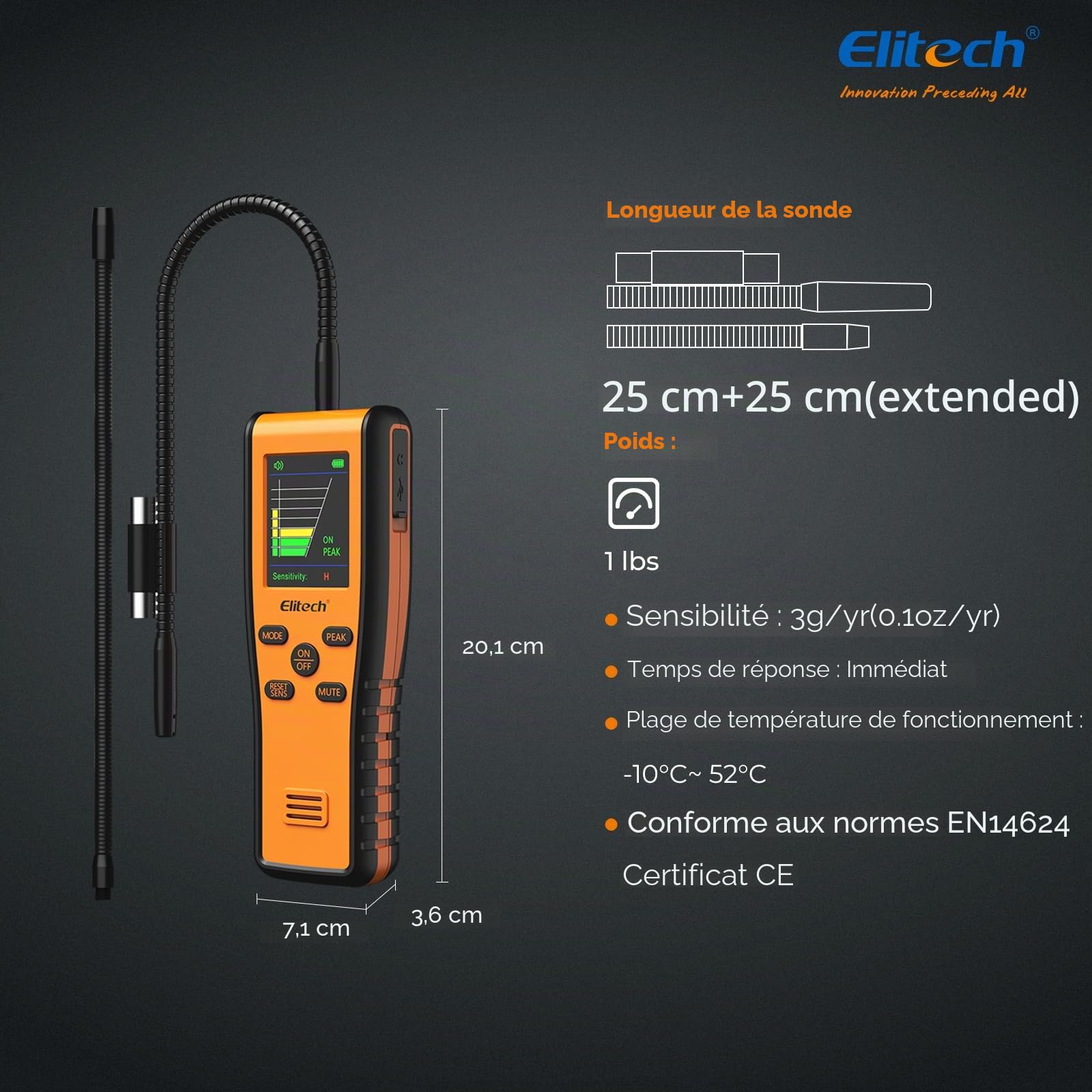 Elitech IR-200 Détecteur de Fuite de Réfrigérant Capteur Double Infrarouge et Diode Chauffée 2-en-1 Testeur de Fuite Halogène Haute Sensibilité Boîtier Portable 10 Ans de Vie