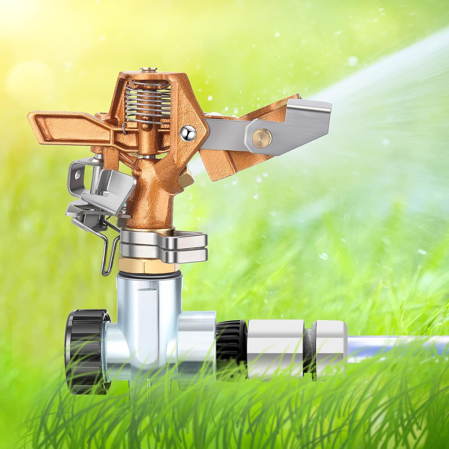 4 Pieces Brass Impact Lawn Sprinklers for Yard, Heavy Duty Water Sprinkler Head with Zinc Alloy Spike Base 360 Degree Automatic Rotating Lawn Sprinkler for Yard Lawn Large Area Patio Garden
