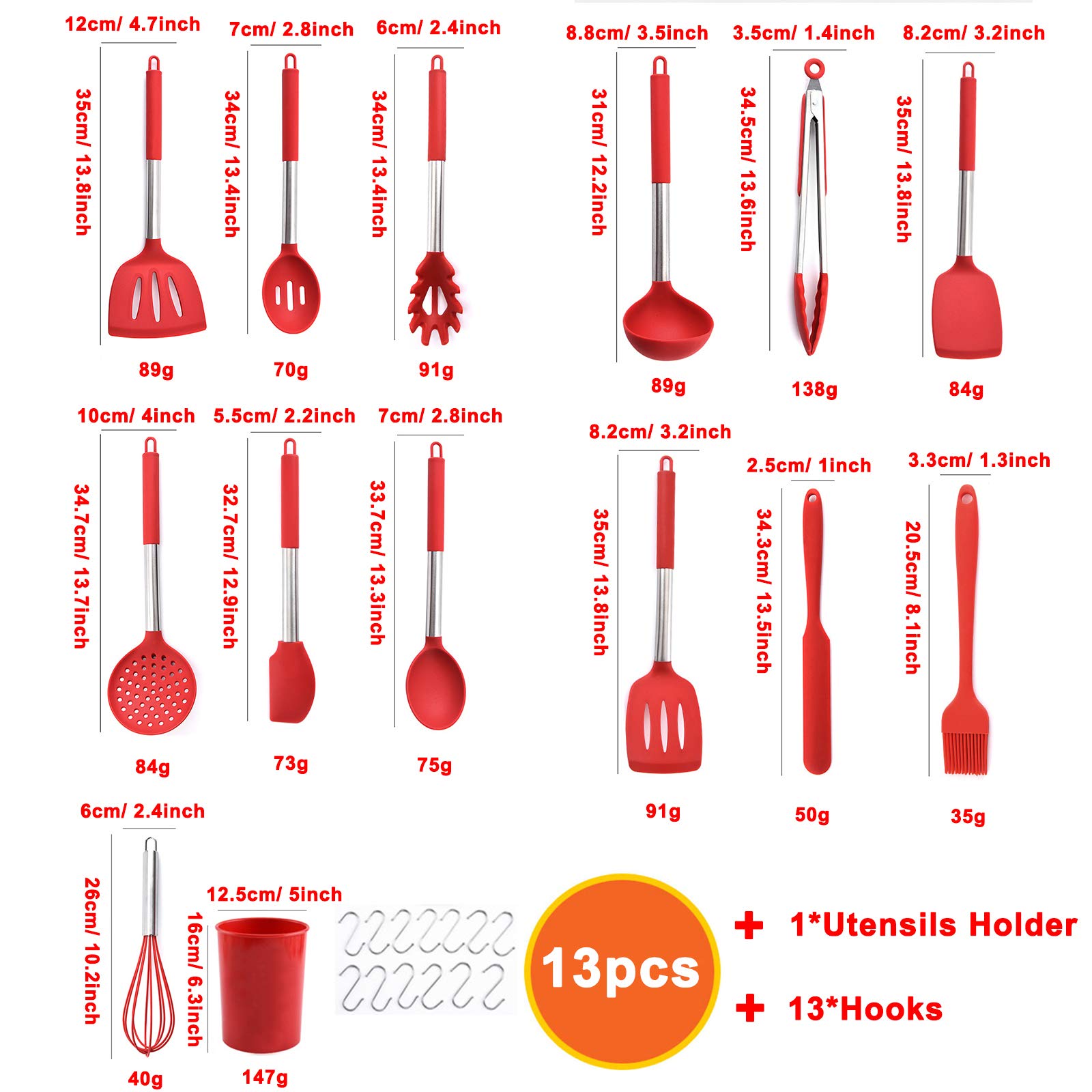 Utensilios de Cocina de Silicona, 13 Piezas Juego de Utensilios de Cocina con Soporte para Utensilios y 13 Ganchos, Utensilios de Cocina Antiadherentes y Resistentes al Calor para el Hogar,Negro