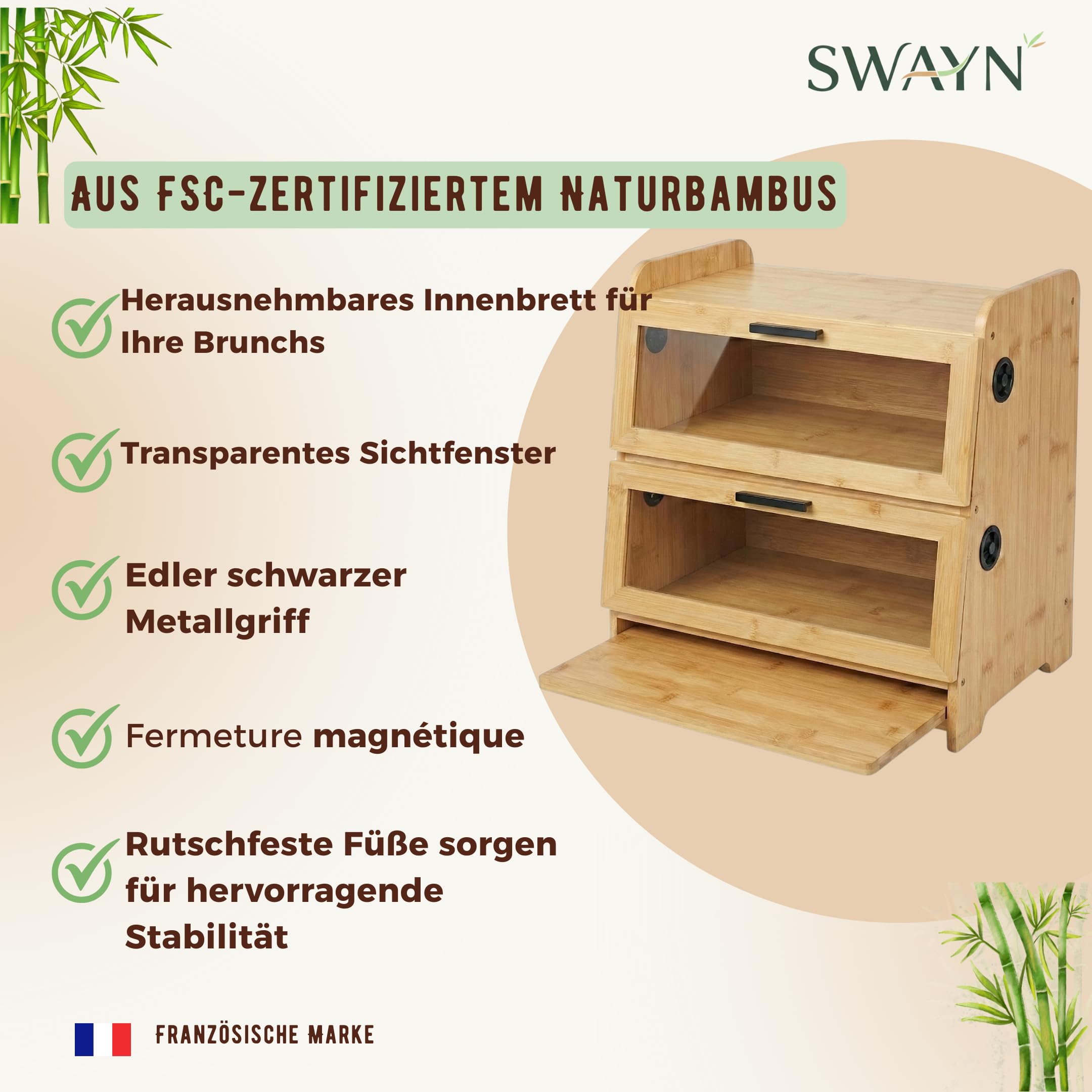 SWAYN Brotkasten aus FSC-zertifiziertem Bambus – Brotkasten mit 2 Etagen, verstellbare Belüftung für längere Frische, integriertes Brett, optimierte Aufbewahrung für Brot (natürlich)