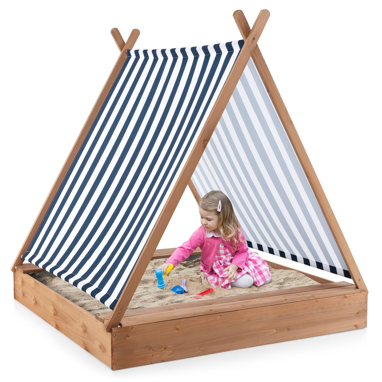 COSTWAY Kids Wooden Sandpit, 124 x 123cm Outdoor Sandbox with Removable Canopy, 2 Bench Seats, Outdoor Sand Box for Backyard Garden Beach