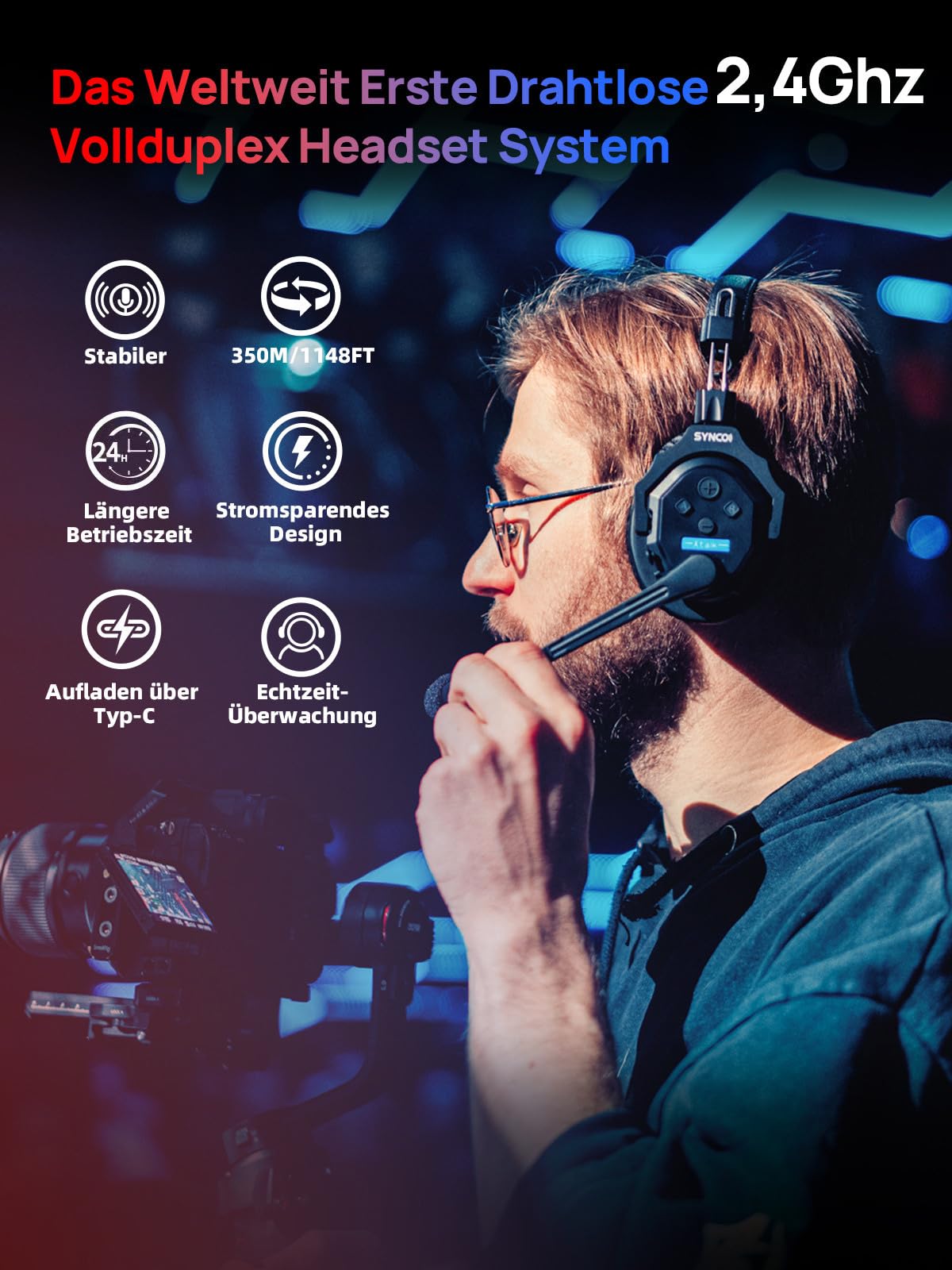 SYNCO XTALK X2 Wireless Intercom Headset, 2.4GHz Vollduplex Kommunikationssystem 350m Reichweite, ENC Geräuschunterdrückung für Film-Produktion, Boot, Outdoor-Sport & Event (2-User Set)