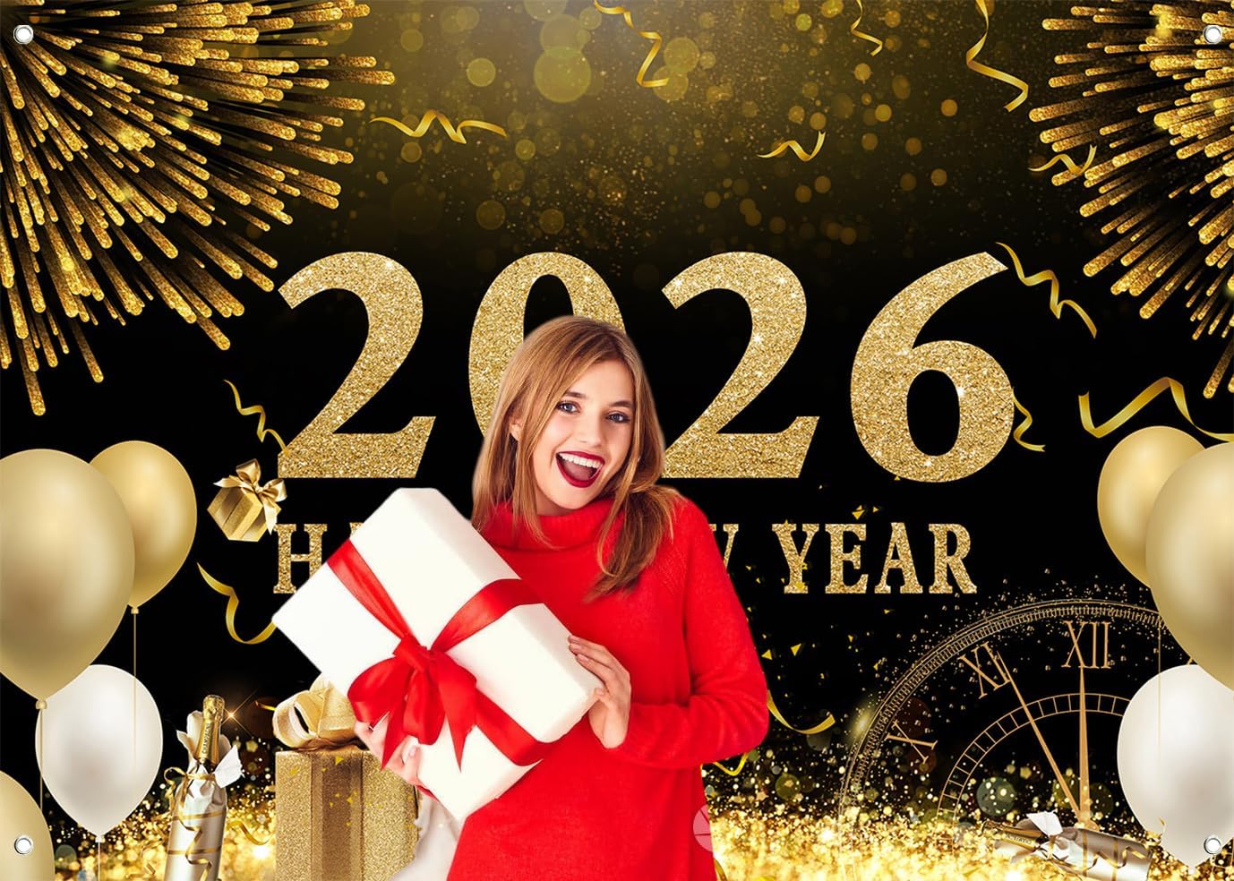 lycgs 94.4''x 70.8''fabric 2026 happy new year backdrop black and gold new year's eve party decoration x75 8x6ft