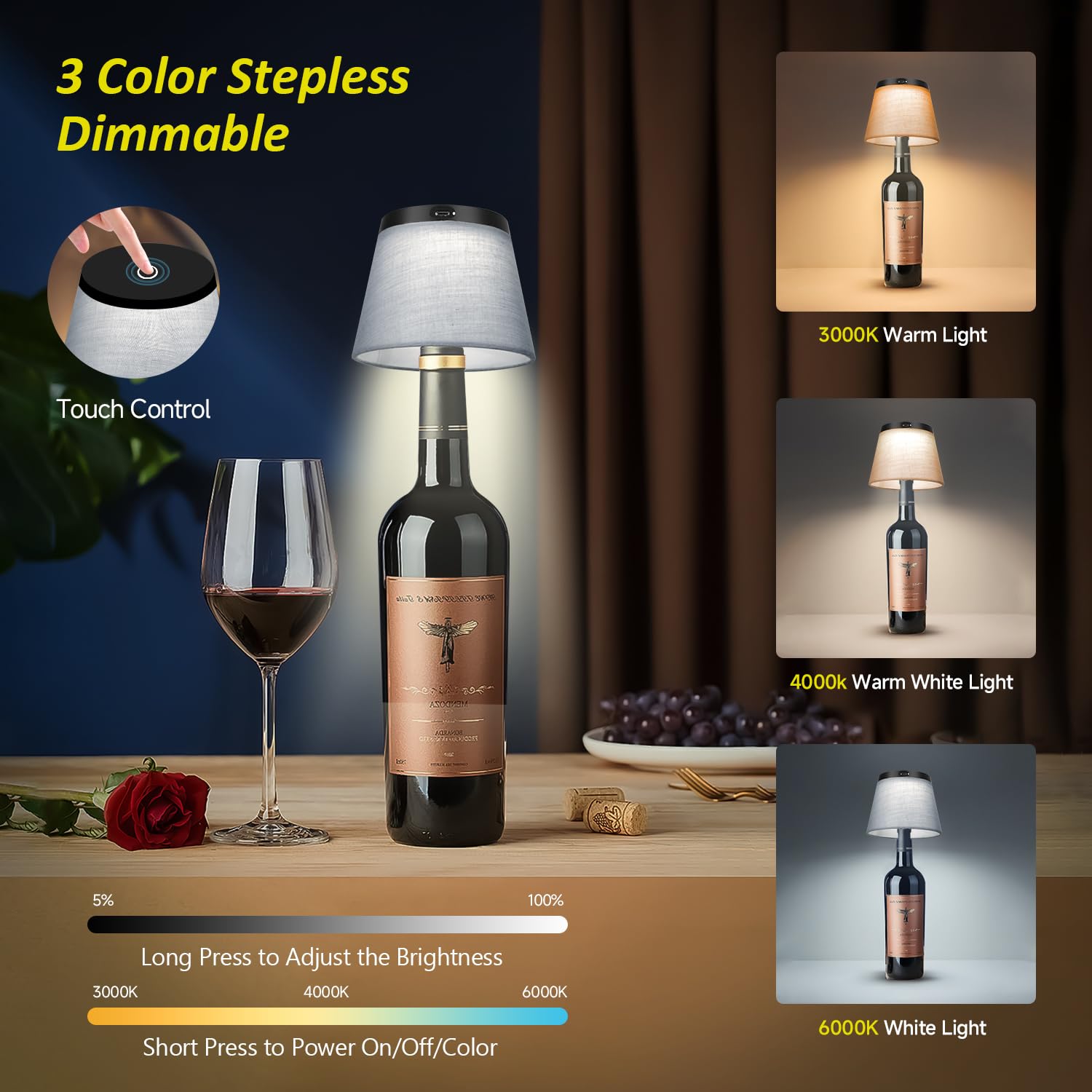 2025 Nuova lampada per bottiglie - Luci LED per bottiglie di liquore e vino, paralume senza fili, luce superiore per bottiglia di whisky, kit luce notturna con tappo per bottiglia, ricaricabile