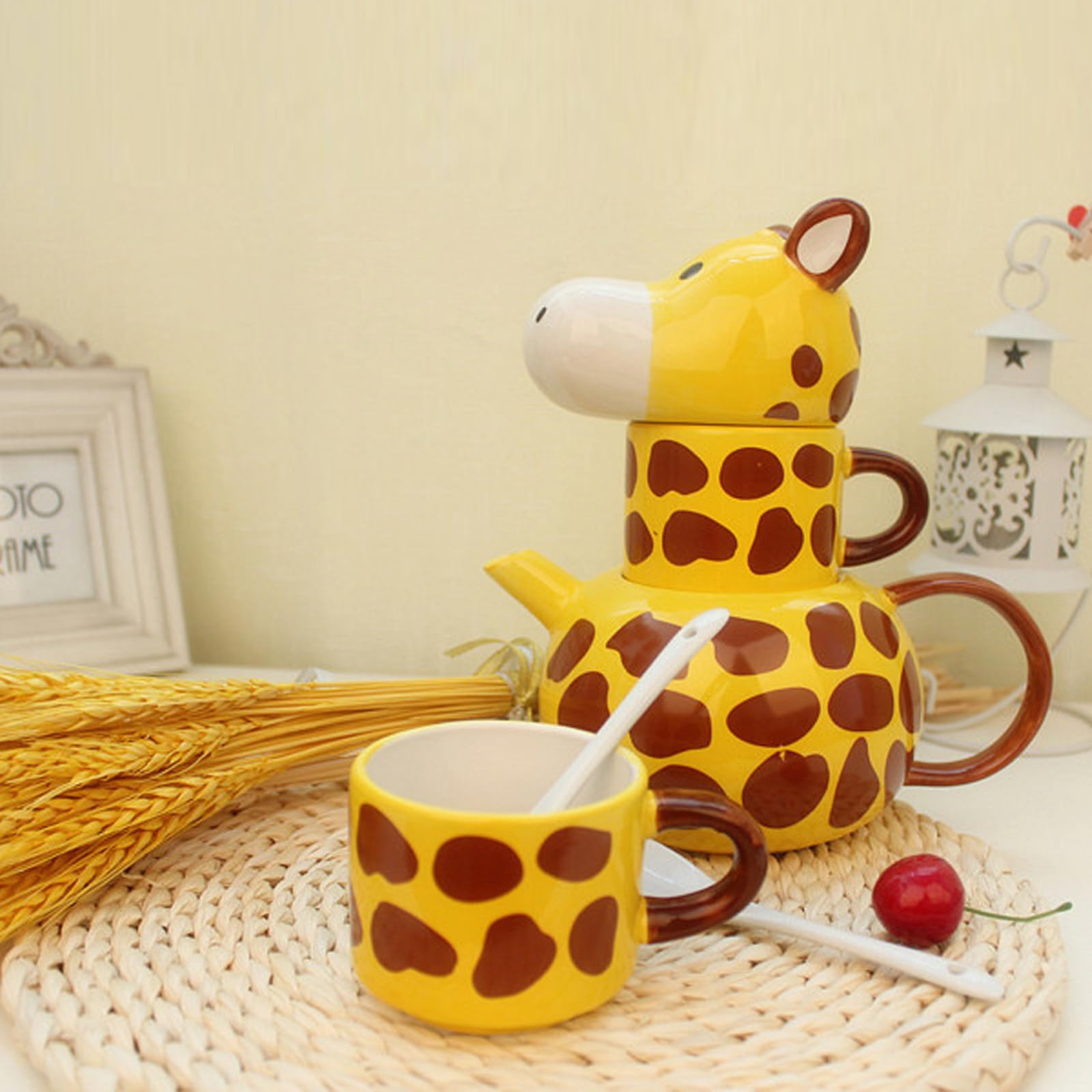 Juego de 2 tazas de té de cerámica con diseño de jirafas, juego de té con tapa, tetera de porcelana pintada a mano para leche, café, té, latte