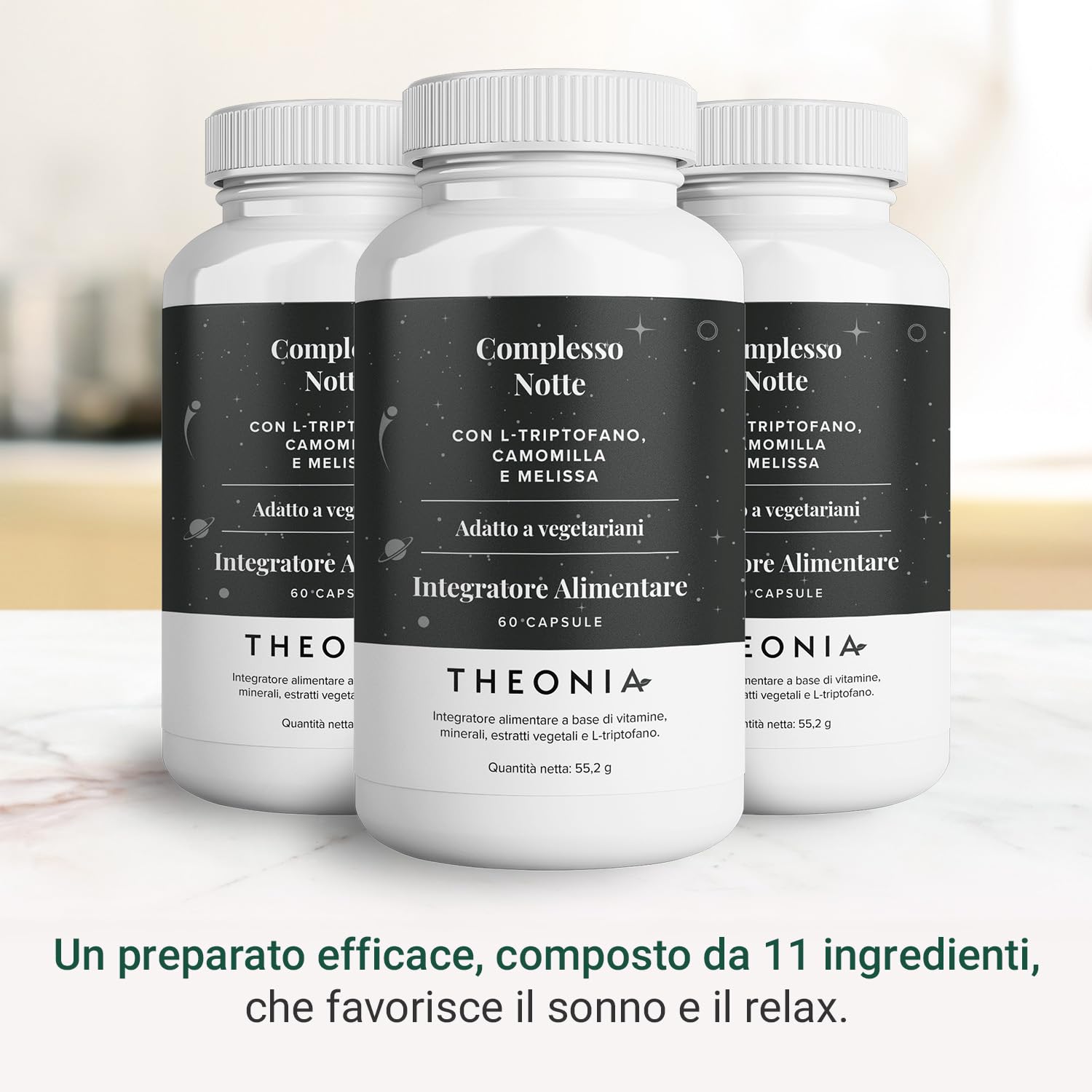 Theonia complesso notte con 100mg di L-triptofano, camomilla e melissa, integratore naturale per il sonno e il relax - 60 capsule, non OGM, vegetariano