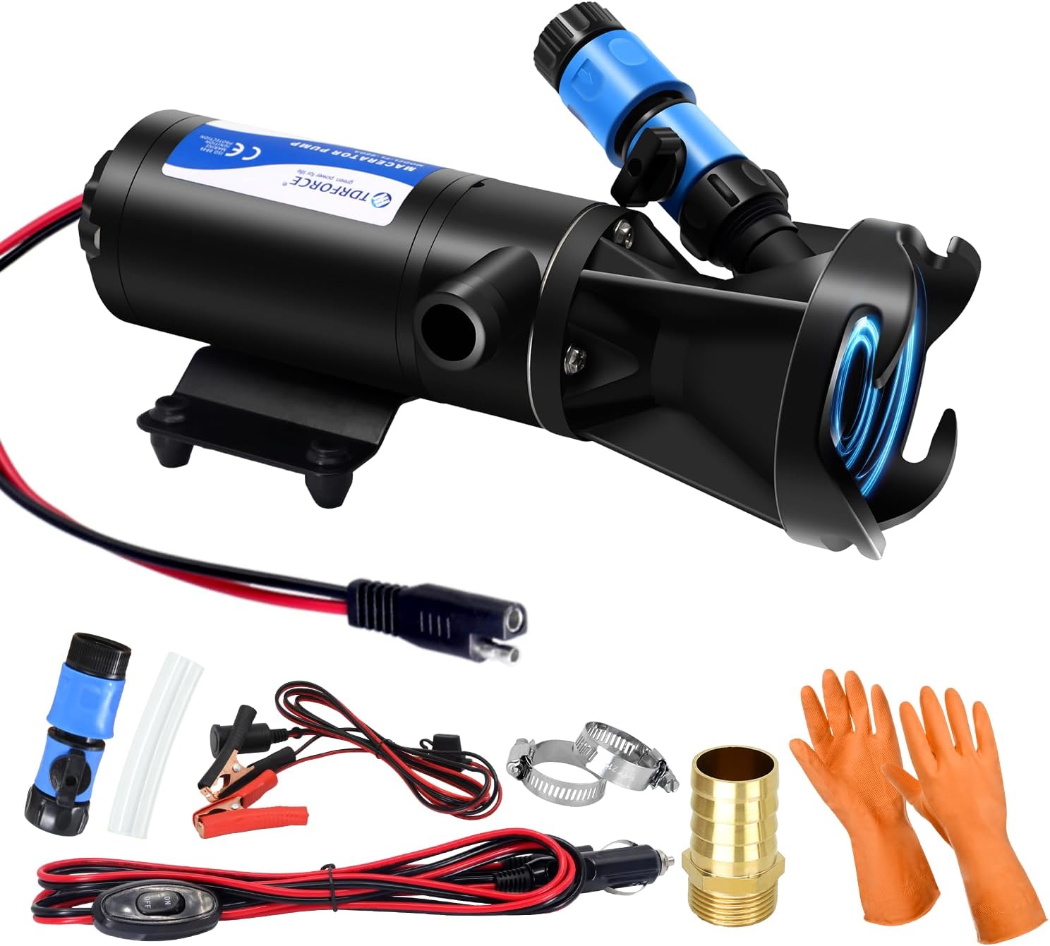 12v dc RV Macerator Pump Sewage Water Pump for RV Marine Boat Bilge Pump Portable RV Sewer Pump for Grey Black Water Tank 12GPM Self-Priming Campers Waste Dumping with Accessories Kit