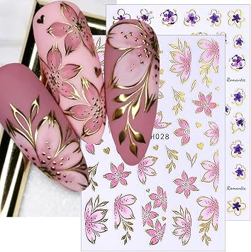 Gold Line Cherry Blossom Flower Nail Stickers Pink Purple Floral Nail Decals Leaf Sakura Flower Stickers For Nails Design 3D Bronzing Border Petals Flowers Sticker Nails For Women Manicure Accessories