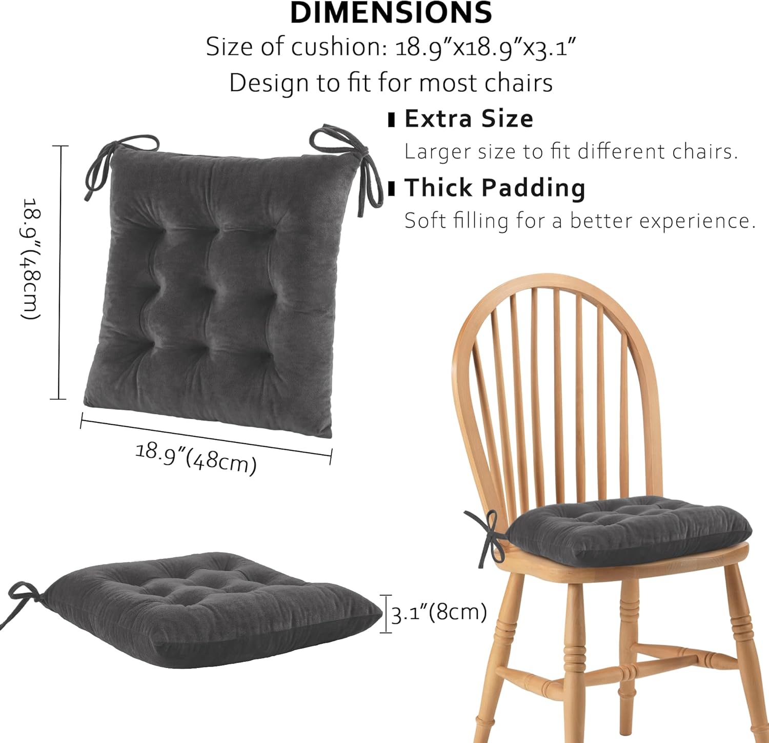 ELFJOY Set of 4 Square Chair Pads Indoor Seat Cushions Pillows with Ties Thick Soft Seat Cushion for Kitchen Dining Office Chair (18", Grey) Grey 4 Count (Pack of 1)