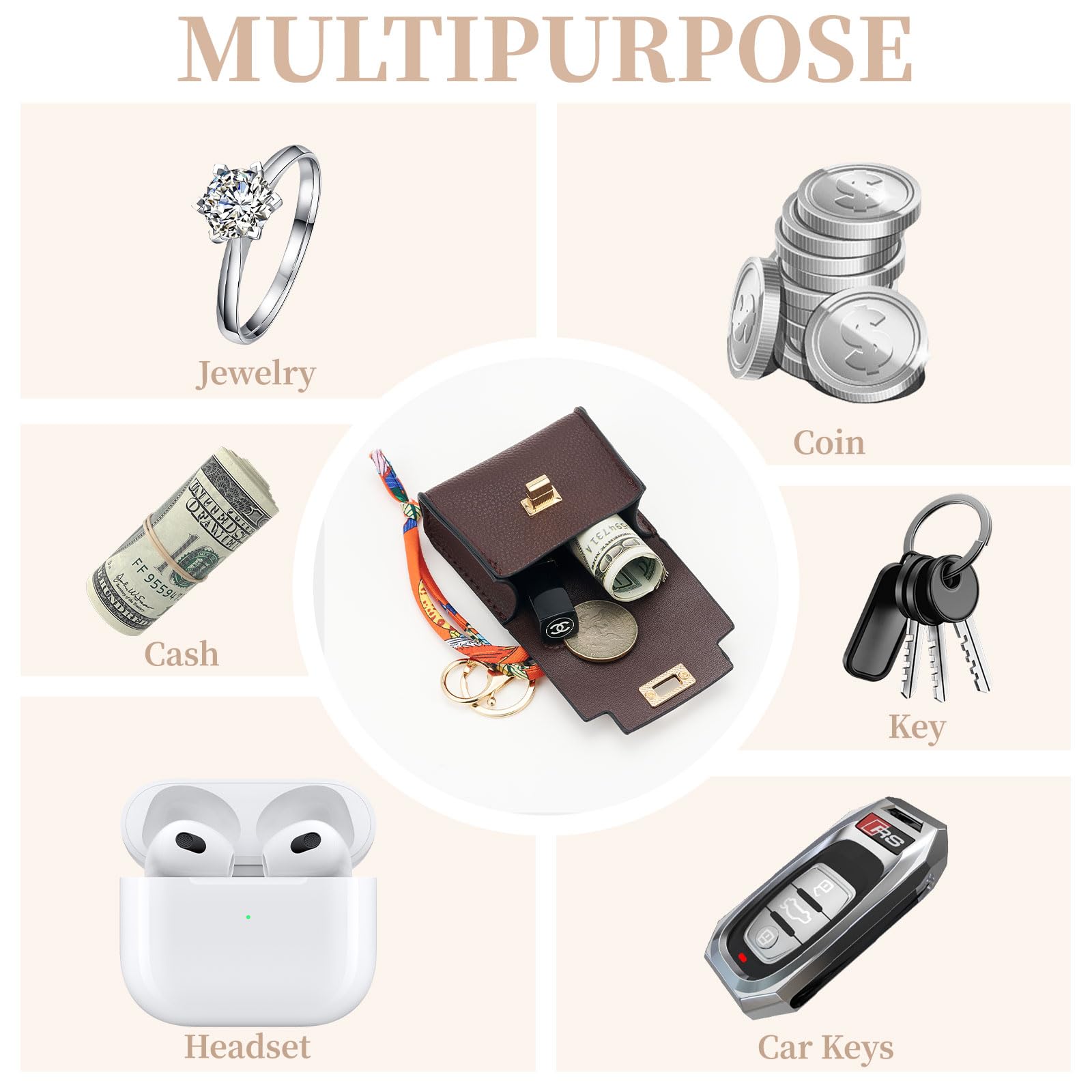ZOUIQSS Coin Purse Mini Handbag Keychain for Women,Creative Pendant Keyrings Makeup Bag,Small Change Pouch Coin Purse Zipper(Brown) - Image 3