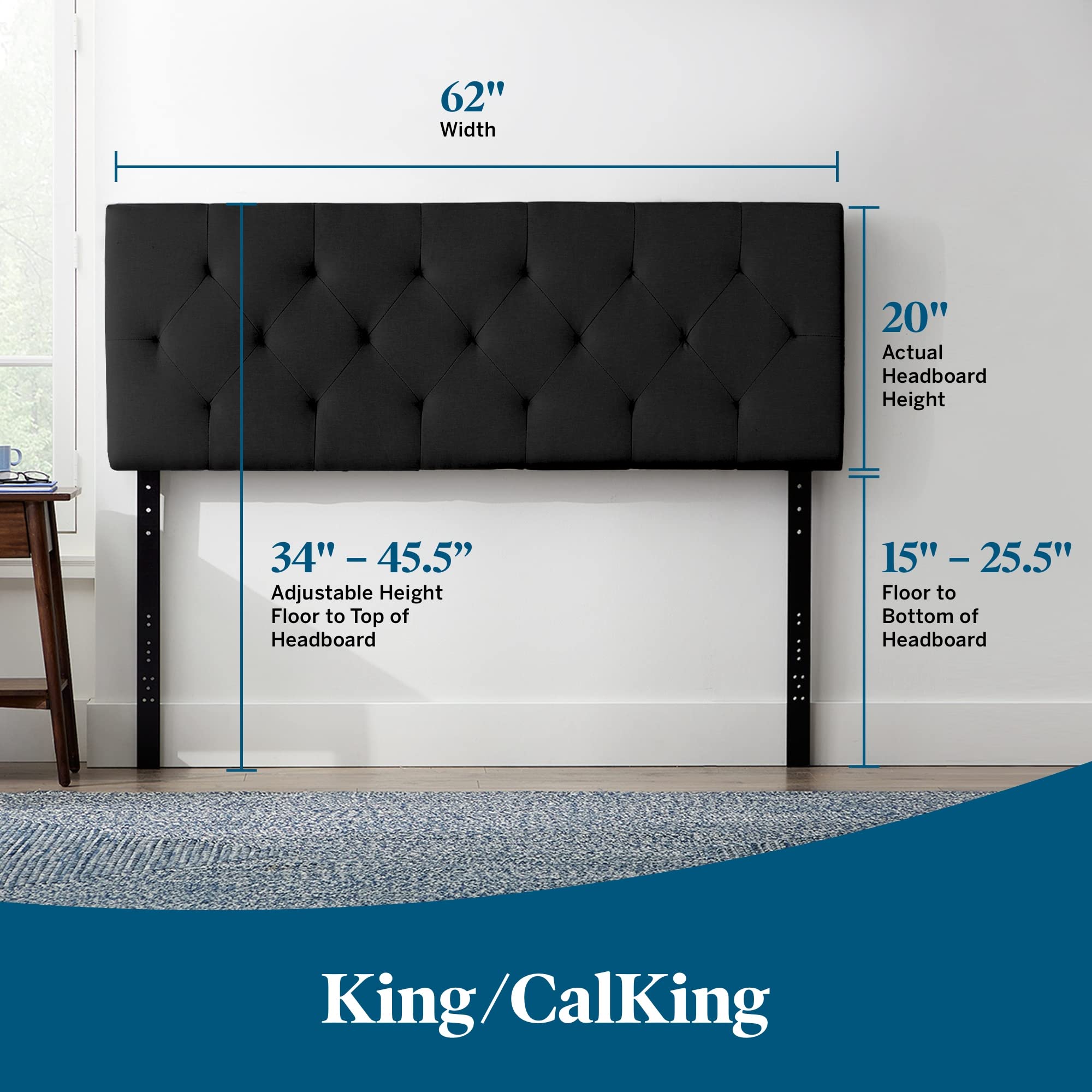 LUCID Mid-Rise Diamond Tufted Upholstered Black Attach Frame-Wall Mount-Headboard Cal King Platform, King King