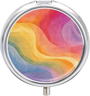 Round Daily Rainbow Pill Case with 3 Compartment & Mirror | Metal Travel Medicine Organizer for Purse Pocket, Bpa-Free, Waterproof & Leak-Proof, Storage Tablet Meds Vitamins Supplements