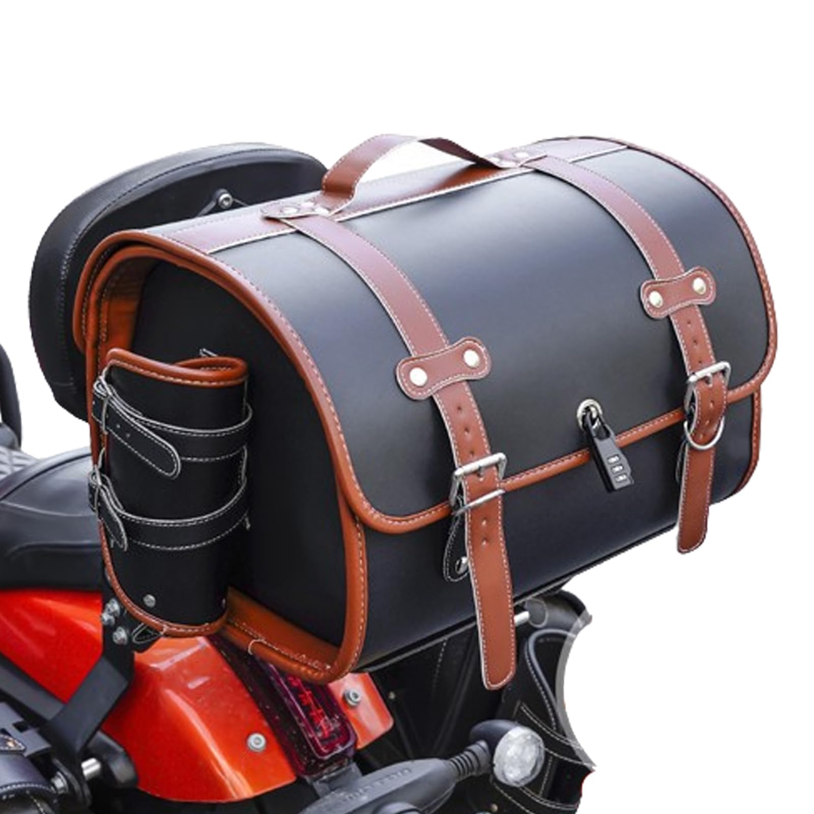 HYJHS Motorcycle Tail Bag for Triumph Bonneville T100 Street Bike, Leather Waterproof Tail Pack, 33L, Black+Brown