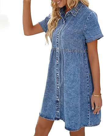 Vestido Babydoll De Mezclilla Para Mujer - Manga Corta, Botones, Espalda Escalonada, Estilo Casual