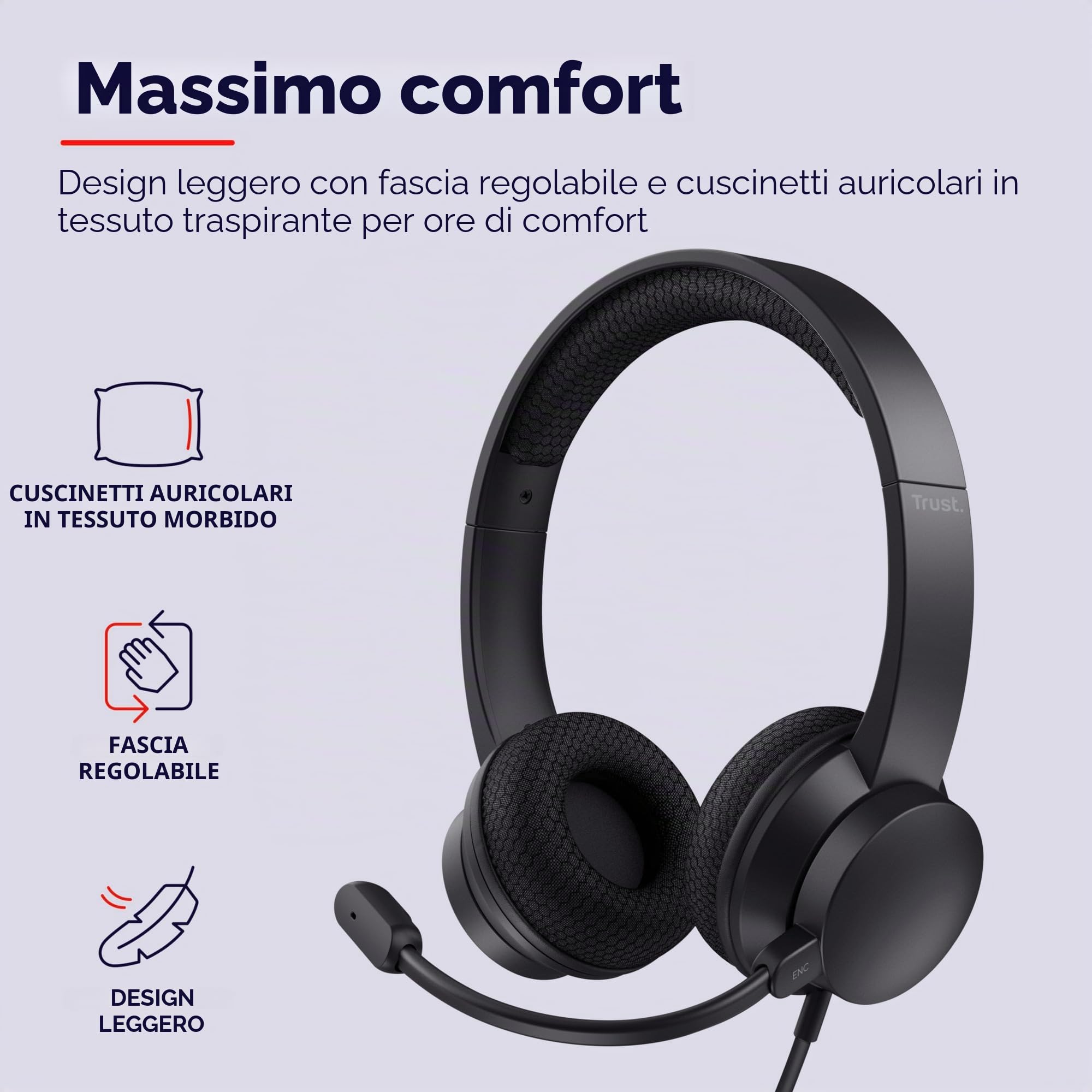 Trust Ayda USB Cuffie con Microfono ENC Cancellazione del Rumore, Mic Noise Cancelling, 65% Plastica Riciclata, Auricolari con Filo 1,80 m, Headphones On-Ear Cablato per PC, Laptop, Mac - Nero