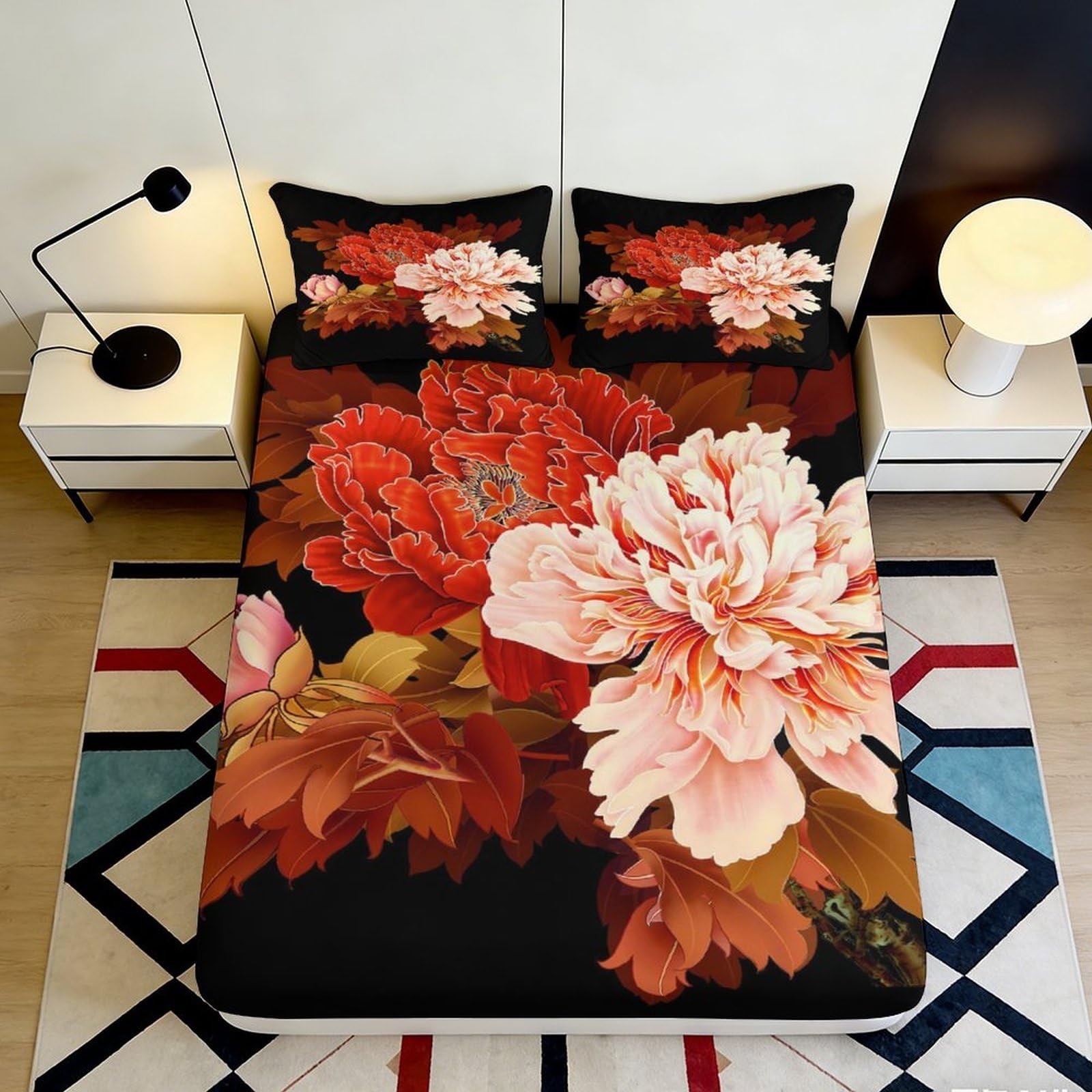 3D Printed Red Peony Fitted Sheet Microfiber Soft Floral Pattern Mattress Cover for Bedroom Dorm Decor 90x200x25cm