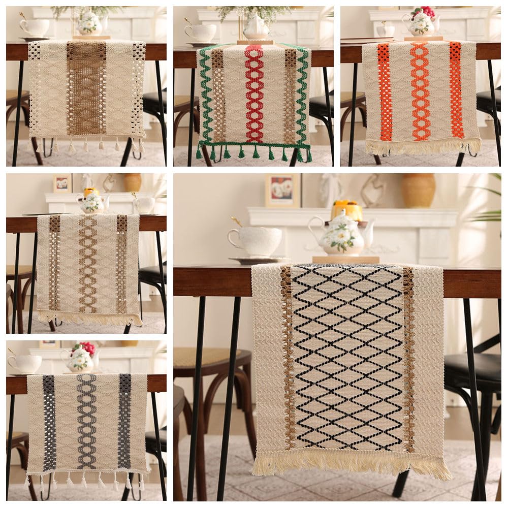 Chemin de table Boho 30 x 350 cm - En coton et lin - Avec pompons - Rustique creux - En macramé - Dentelle au crochet - Décoration de table de mariage - Pour cuisine, salle à manger
