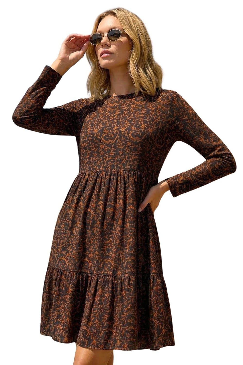 Roman Originals Women's Orange Leaf Print Stretch Dress For Uk - Everyday Autumn Winter Round Neckline Comfy Soft Evening Vacation Work Party Night Out - Rust - Size 14