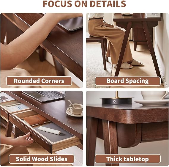 Solid Wood Computer Desk with Drawers, Walnut