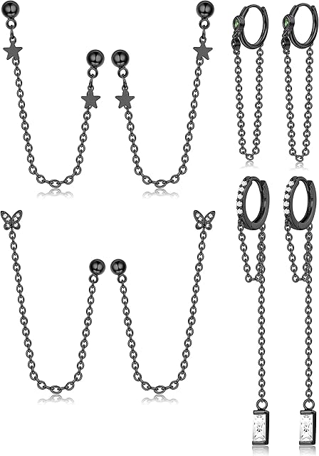 Kakonia 4 Pairs Chain Earrings Set for Women CZ Dangle Earrings Huggie Wrap Earrings with Chain Double Piercing Tassel Dangle Drop Chain Earrings Small Hoop Earrings With Long Chain Cuff Earrings