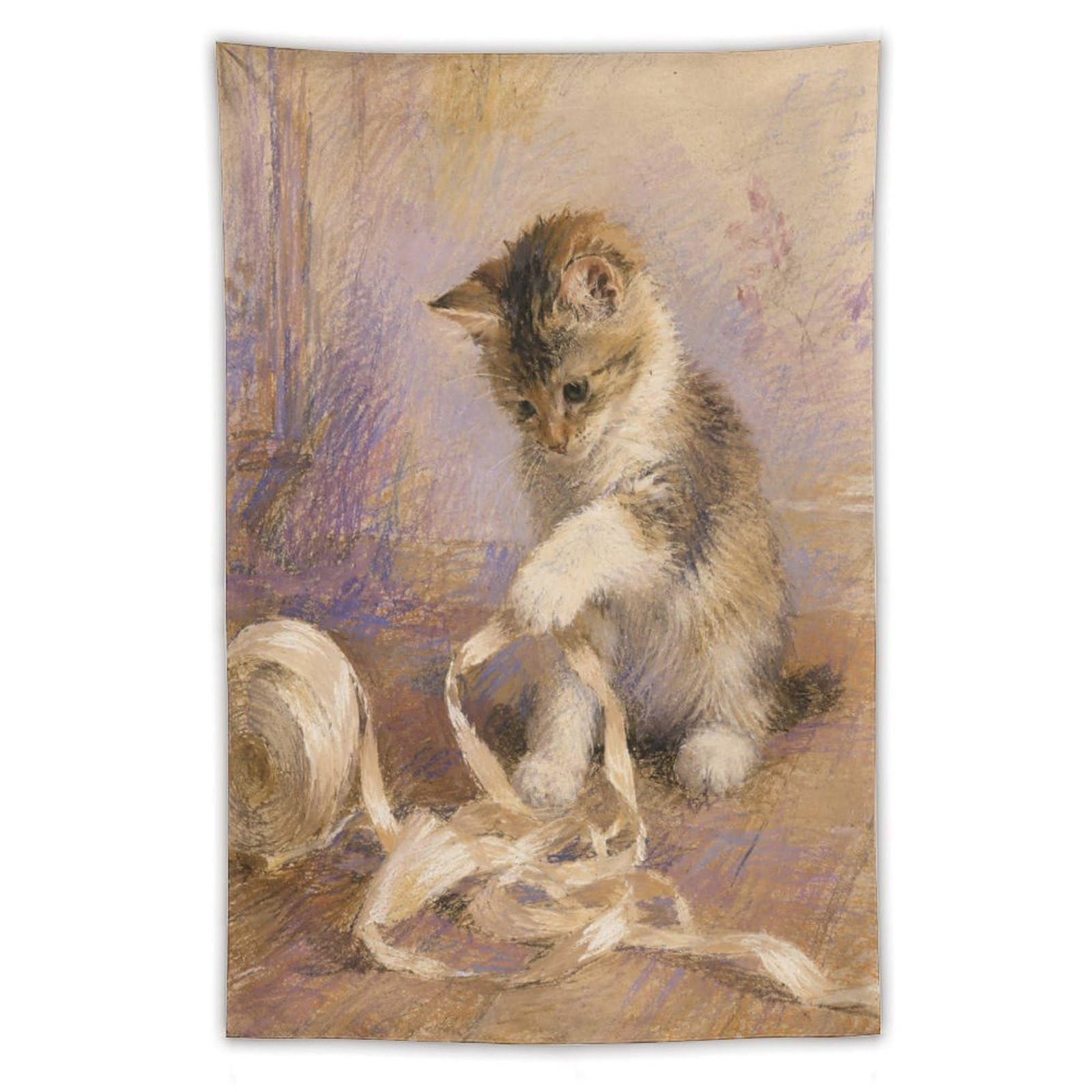 H3B8U2Y5 Kitten with Yarn Wall Tapestry, Watercolor Style, Backdrop
