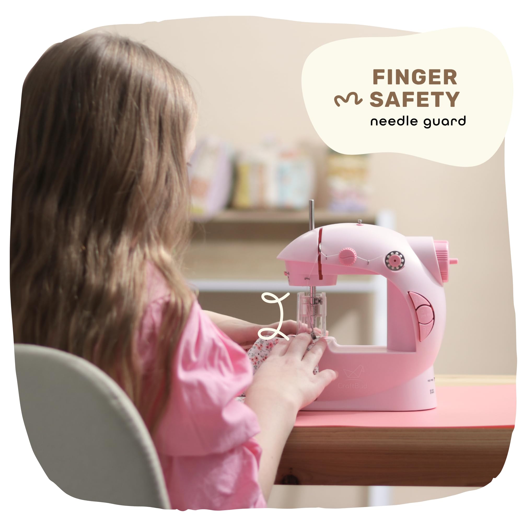 CraftBud Mini máquina de coser para principiantes, adultos y niños | Kit de costura de 48 piezas, portátil, doble velocidad, mesa de extensión, pedal de pie, luz integrada, guía y más, rosa