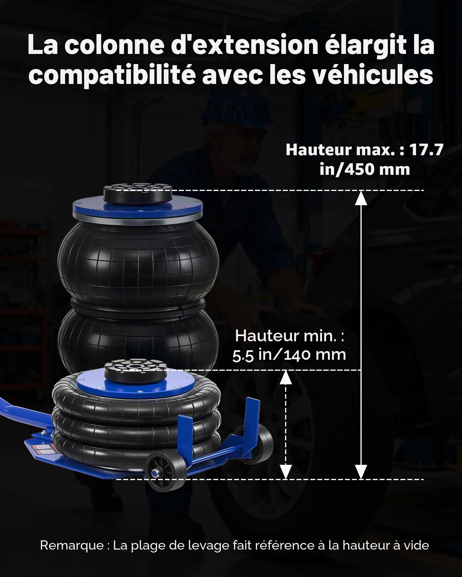VEVOR Cric Pneumatique 3 T Plage 140-450 mm, Cric de Levage Pneumatique à Triple Coussin d'air et Six Tubes en Acier, Levage Rapide, Poignée Longue, pour Réparation Voiture SUV Atelier Garage