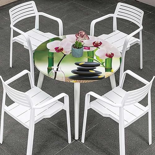 Miniatura 2 de Mantel ajustable de poliéster con bordes elásticos color verde pálido y fucsia, diseño de orquídeas y piedras en mantel de jardín, fundas redondas