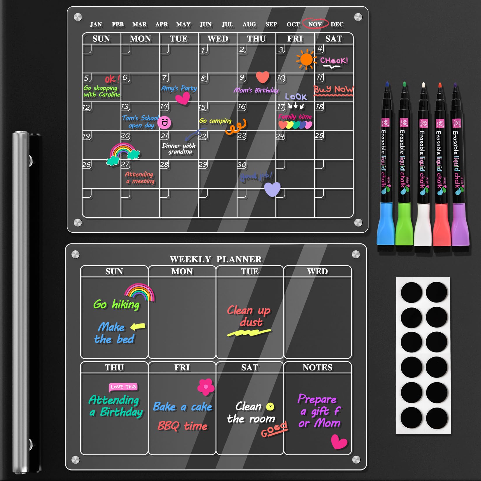 Acrylic Calendar for Fridge - 2 Set Magnetic Calendar for Fridge, Fridge Calendar Monthly and Weekly Acrylic Calendar for Wall, Reusable Dry Erase Calendar Includes 5 Markers 5 Colors(16"x12"Inches)