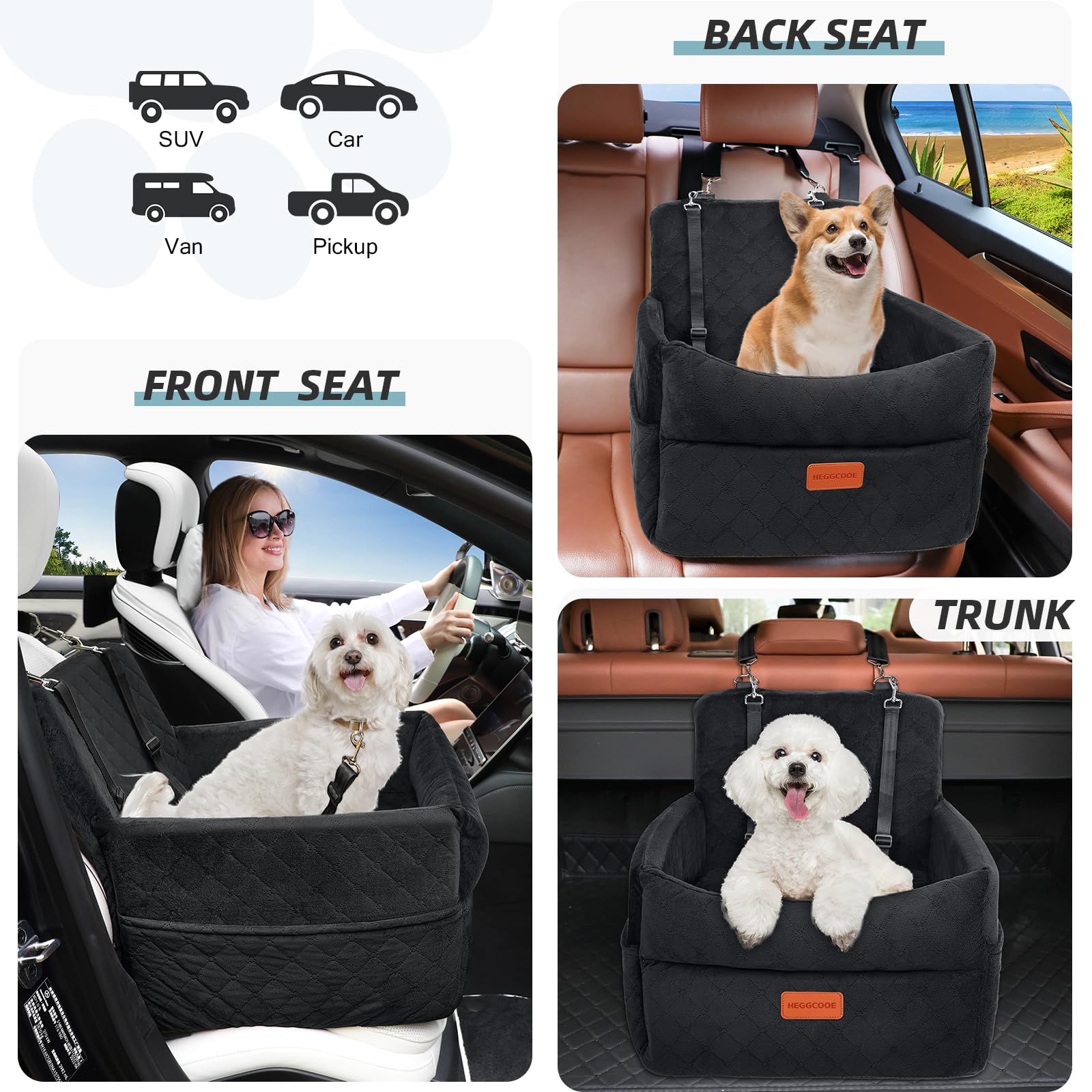 HEGGCOOE Small Dog Car Seat, Memory Foam Dog Booster Seats with Thick Cushion for Medium Dogs Under 35lbs, Detachable Washable Pet Car Seat with Storage Pockets,2 Safety Belts - 5