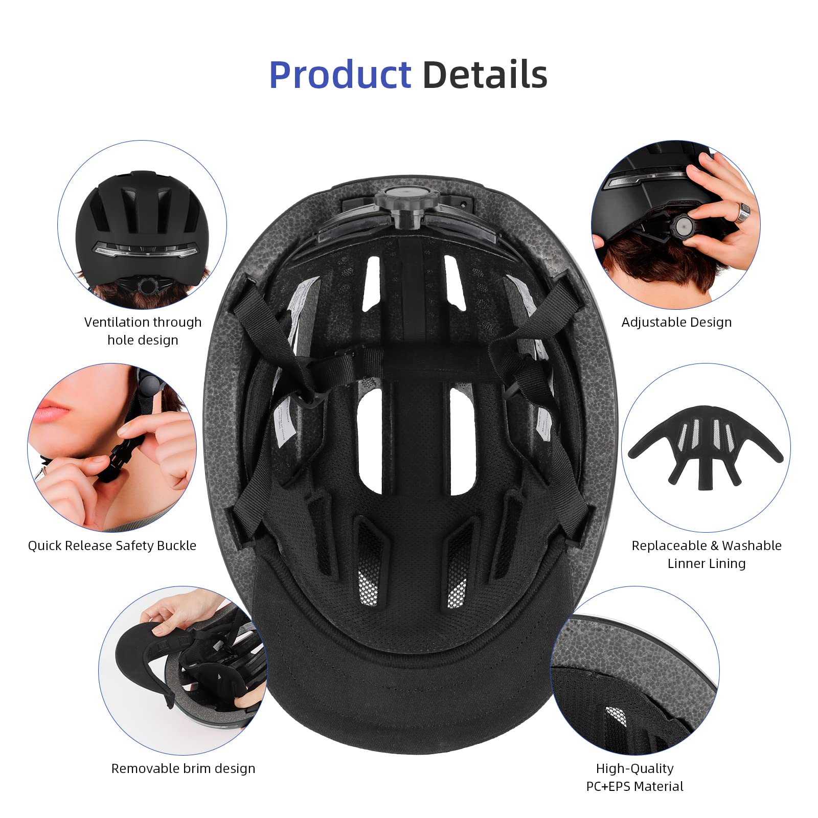 Ulip Casque de vélo Intelligent avec lumière LED Avant arrière Visière Amovible et Doublure pour Adultes Hommes Femmes