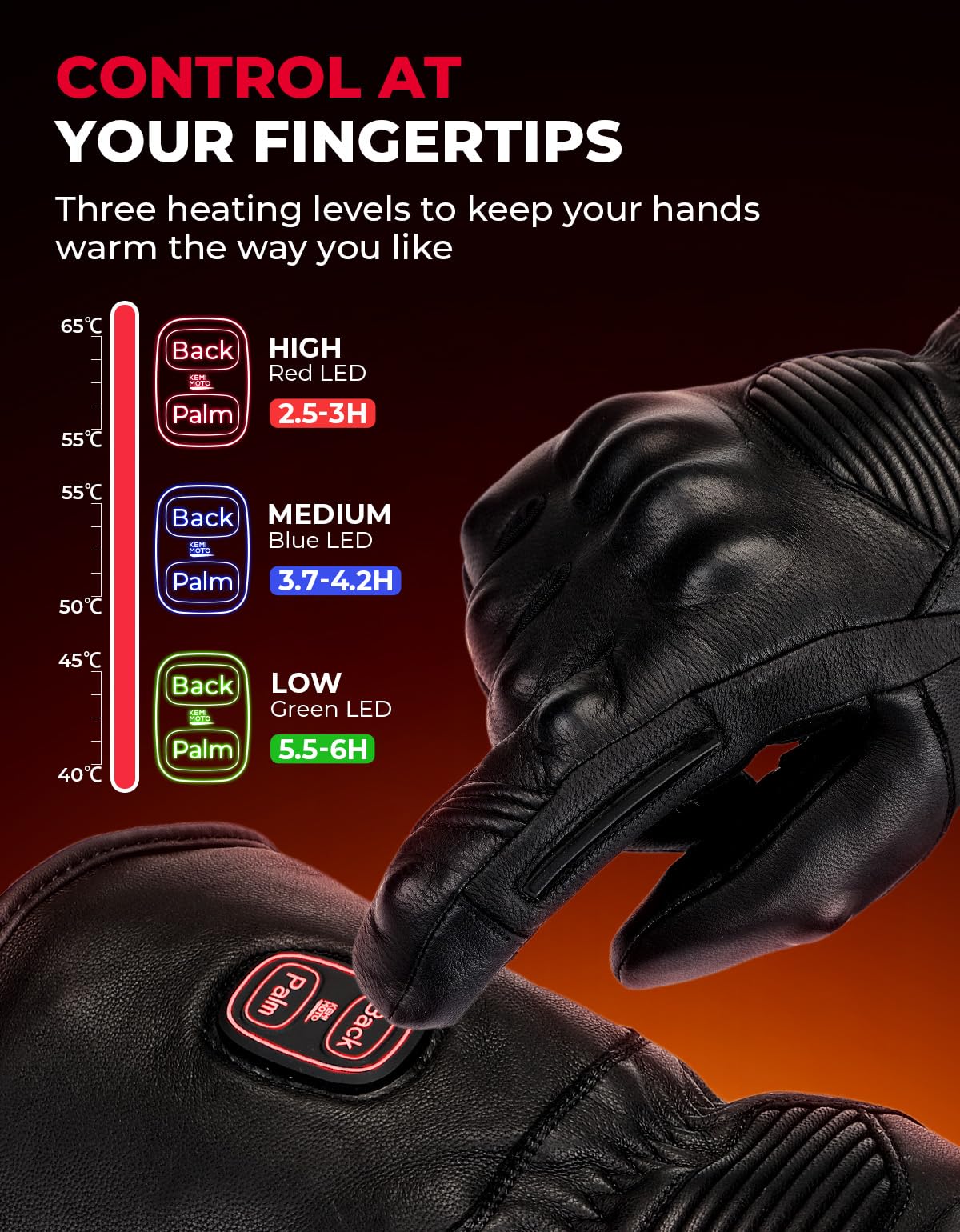 KEMIMOTO Guanti Riscaldati in Pelle Uomo Donna, Guanti Riscaldati Moto Impermeabili Touch Screen con 7.4V 3000 mAh, Adatti da ≤-35℃, Ideali per Motociclismo Ciclismo Sci Escursionismo