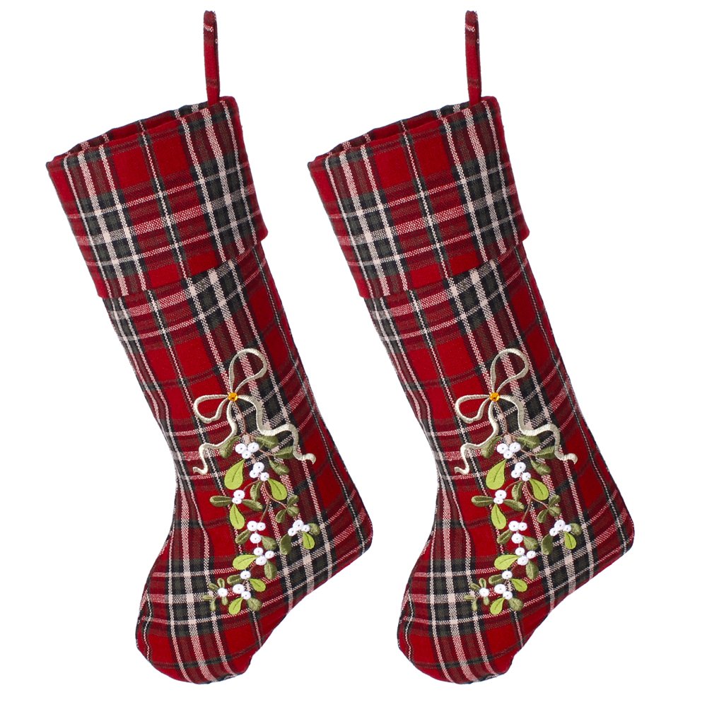 Dibor 2 Traditional Large Red Tartan Embroidered Mistletoe Christmas Stockings - H51cm