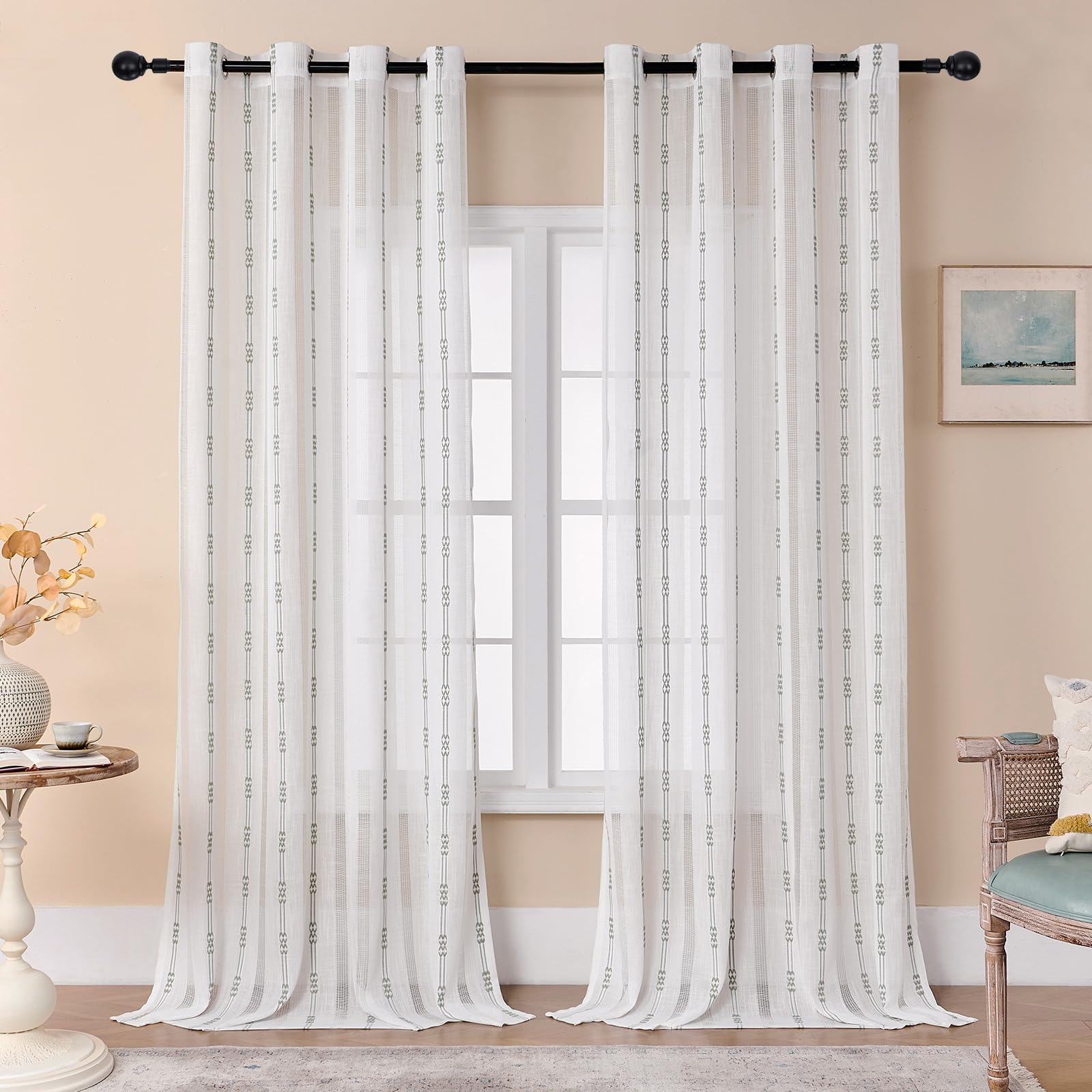 Estelar Textiler White Linen Curtains 96 Inches Long, Soft Boho Farmhouse Textured Embroidered Curtains for Living Room, Light Filtering Grommet Semi Sheer Drapes for Bedroom, 52Wx96L, 2 Panels